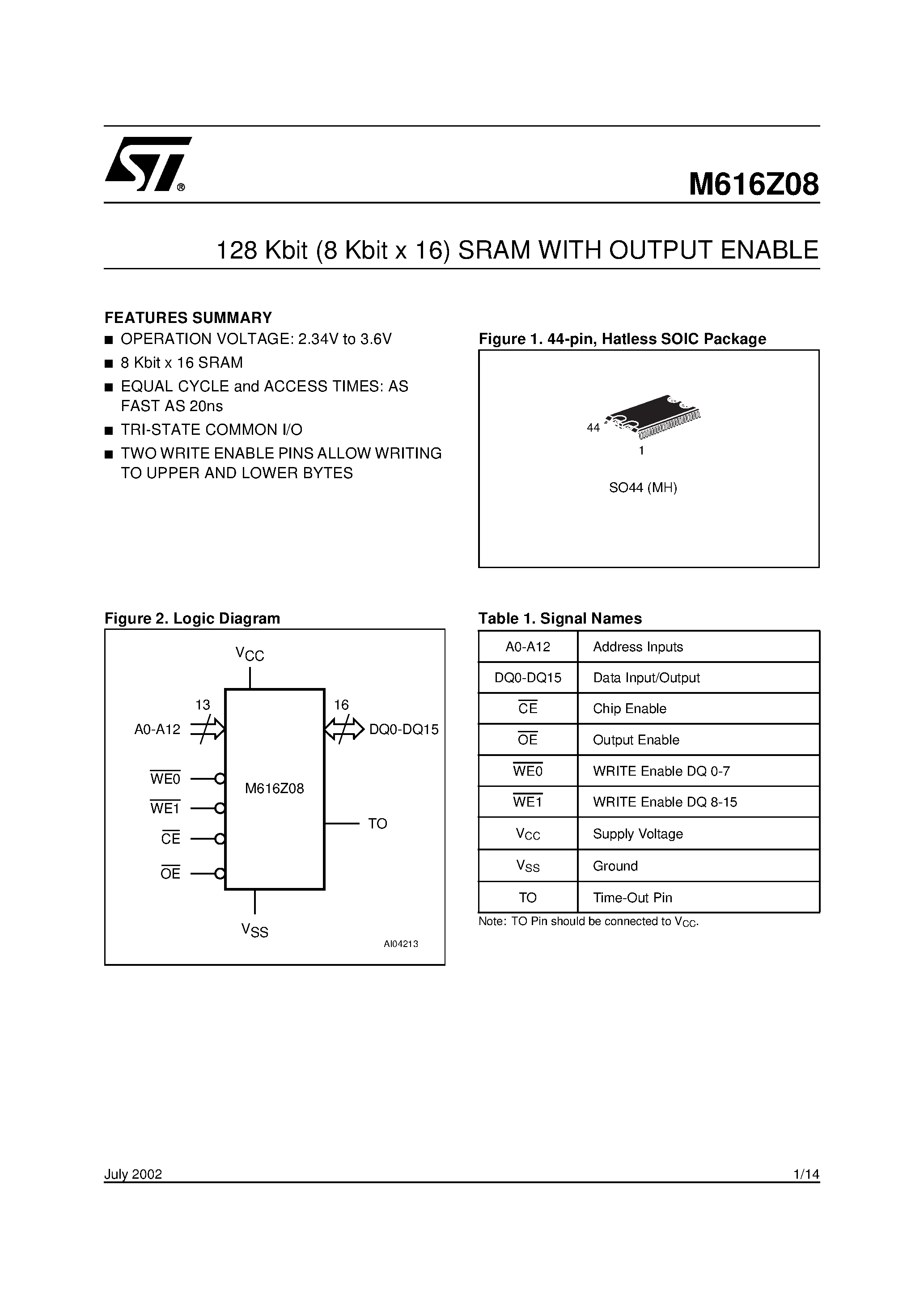 Datasheet M616Z08-20MH3TR - 128 Kbit 8 Kbit x 16 SRAM WITH OUTPUT ENABLE page 1