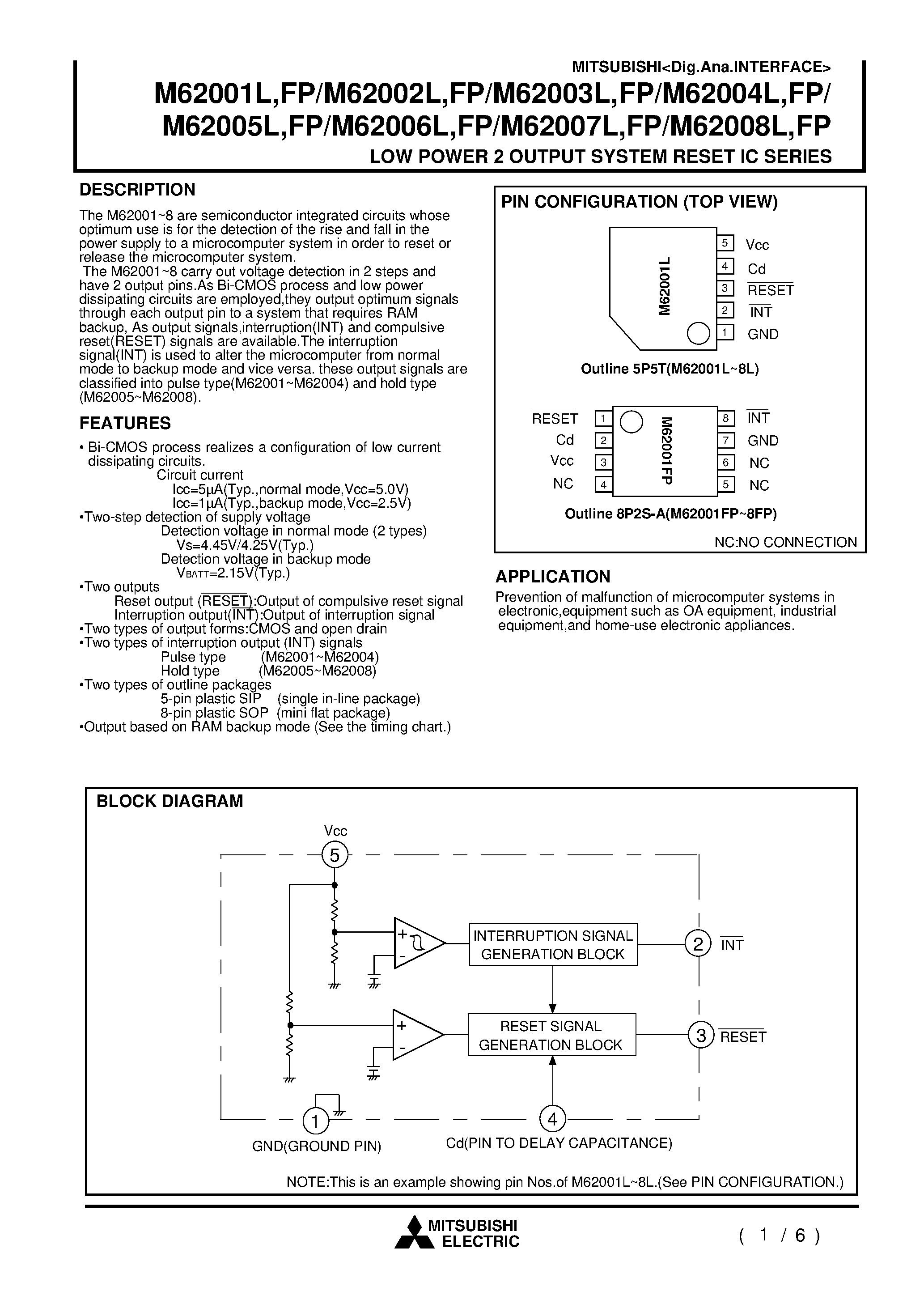 Datasheet M62004L page 1 Datasheet M62004L - LOW POWER 2 OUTPUT SYSTEM RESET IC SERIES page 1
