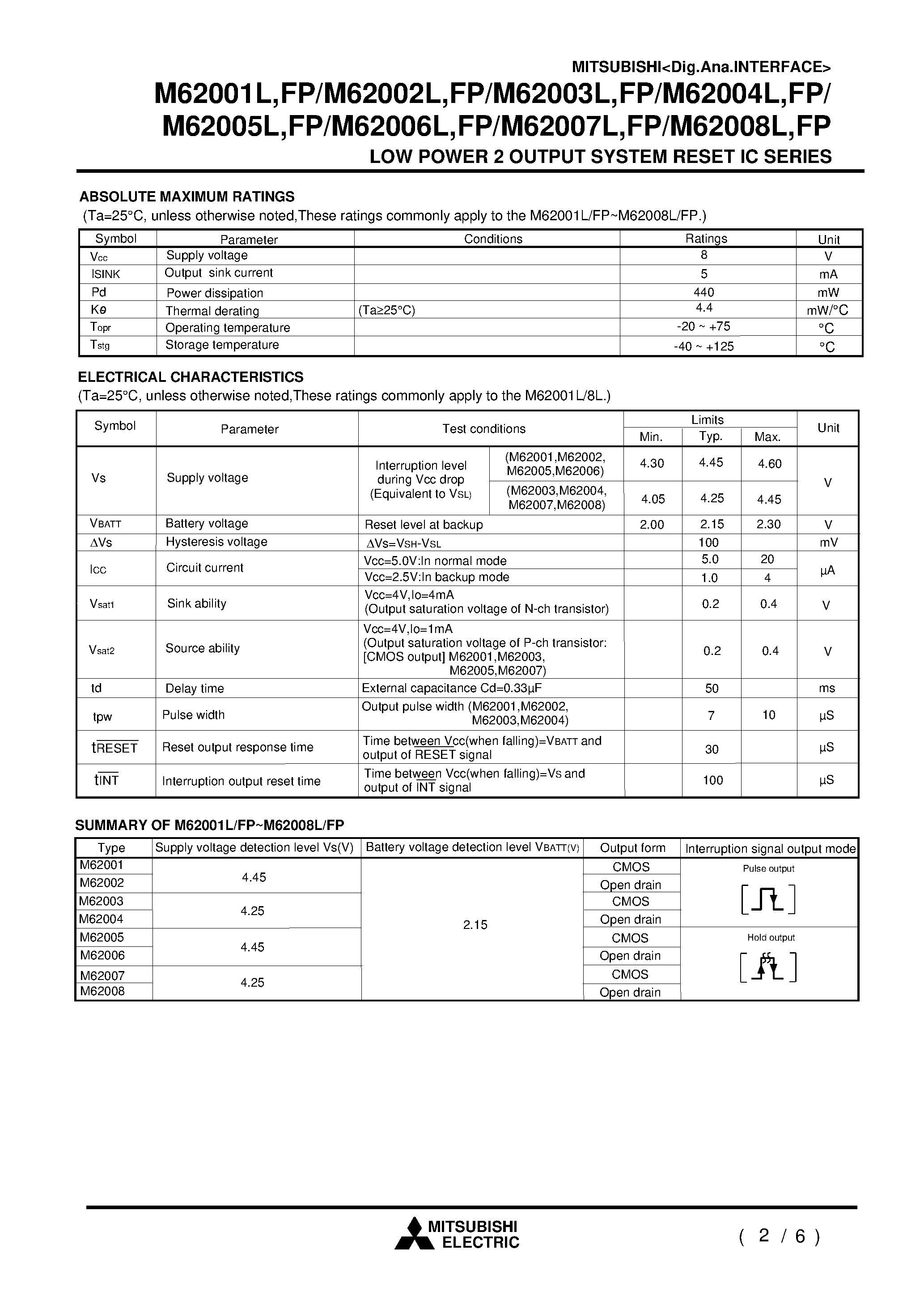 Datasheet M62007L page 2 Datasheet M62007L - LOW POWER 2 OUTPUT SYSTEM RESET IC SERIES page 2