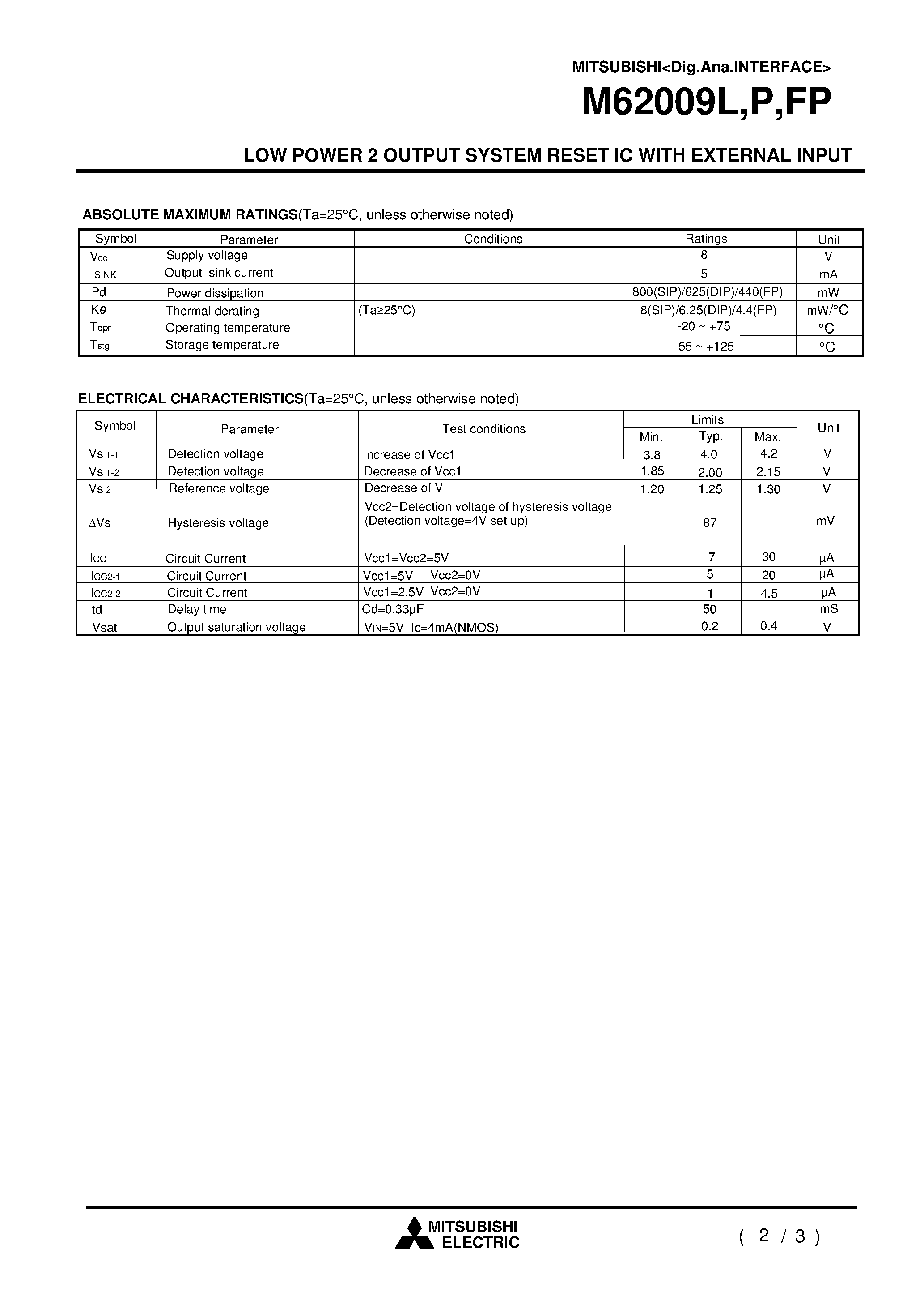 Datasheet M62009FP page 2 Datasheet M62009FP - LOW POWER 2 OUTPUT SYSTEM RESET IC WITH EXTERNAL INPUT page 2