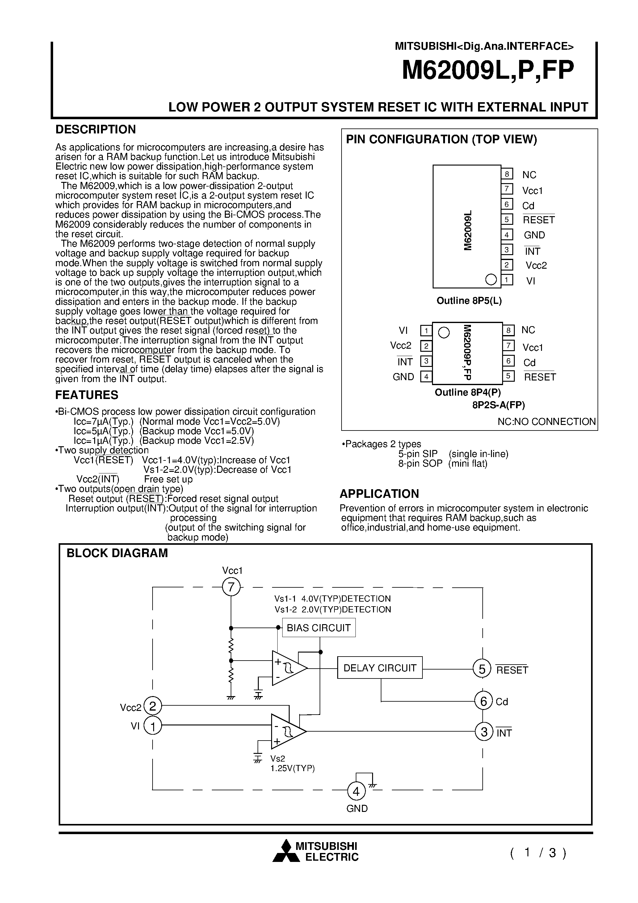 Datasheet M62009L - LOW POWER 2 OUTPUT SYSTEM RESET IC WITH EXTERNAL INPUT page 1