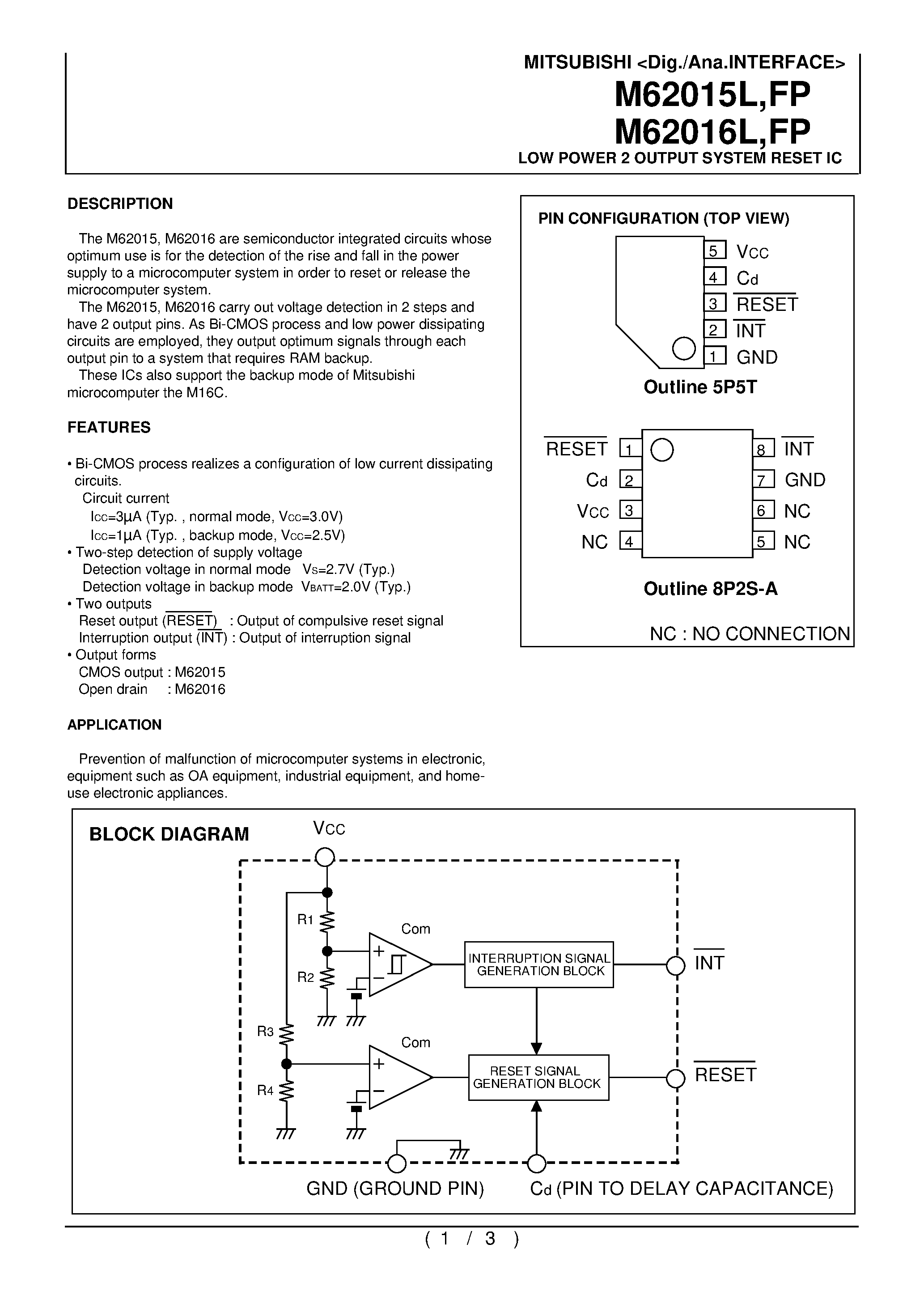 Datasheet M62015FP page 1 Datasheet M62015FP - LOW POWER 2 OUTPUT SYSTEM RESET IC page 1