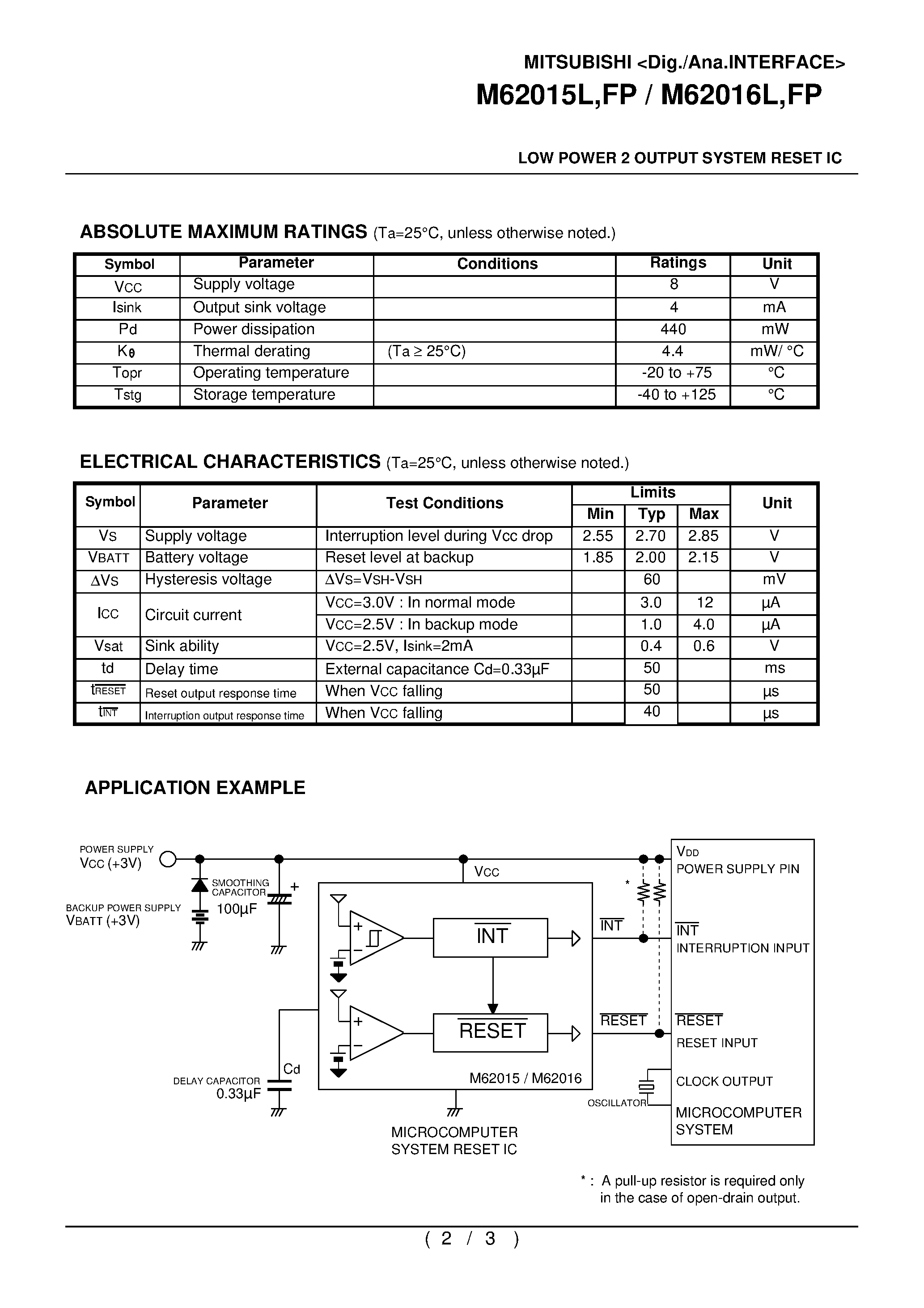 Datasheet M62016FP page 2 Datasheet M62016FP - LOW POWER 2 OUTPUT SYSTEM RESET IC page 2