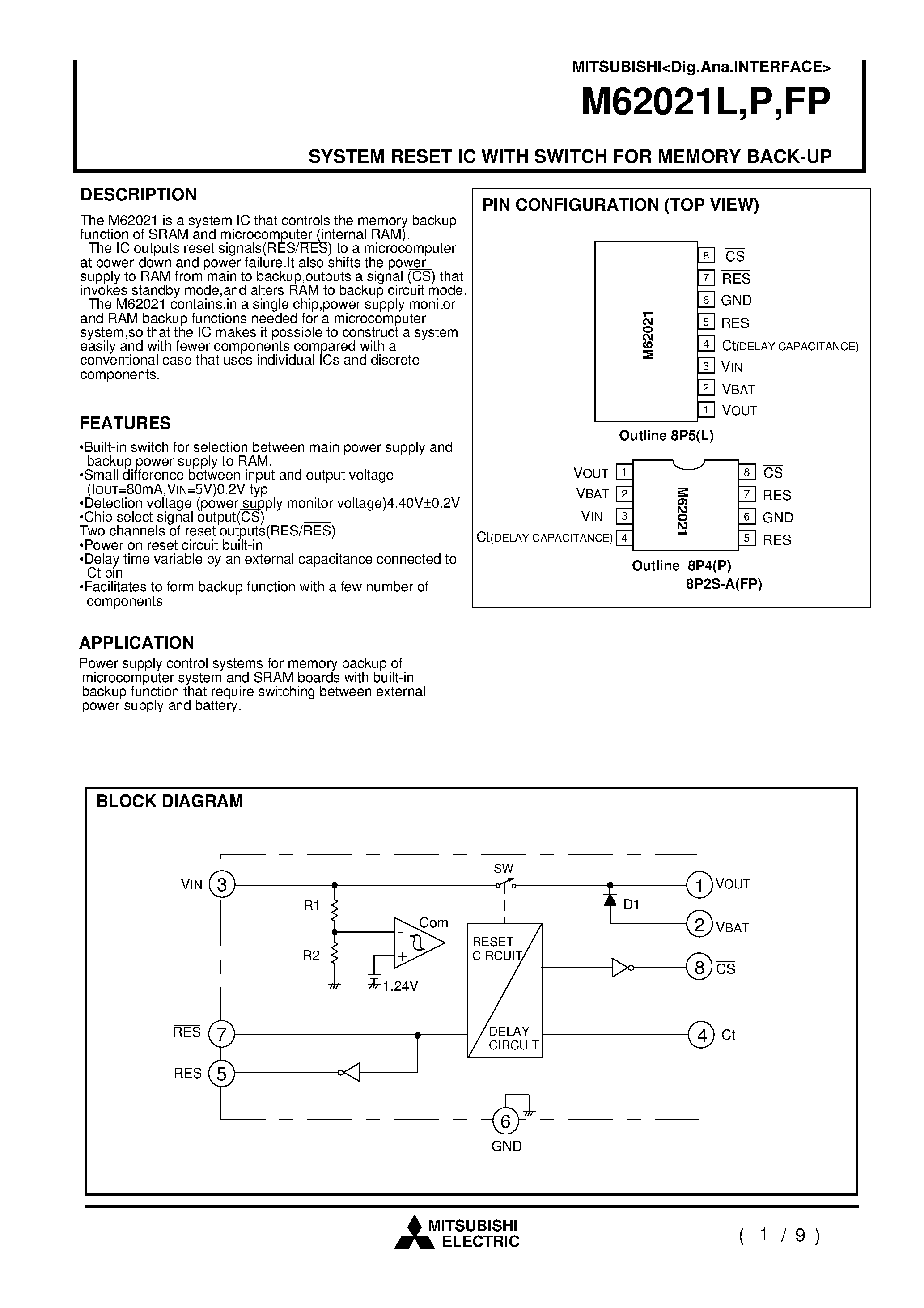 Datasheet M62021L page 1 Datasheet M62021L - SYSTEM RESET IC WITH SWITCH FOR MEMORY BACK-UP page 1