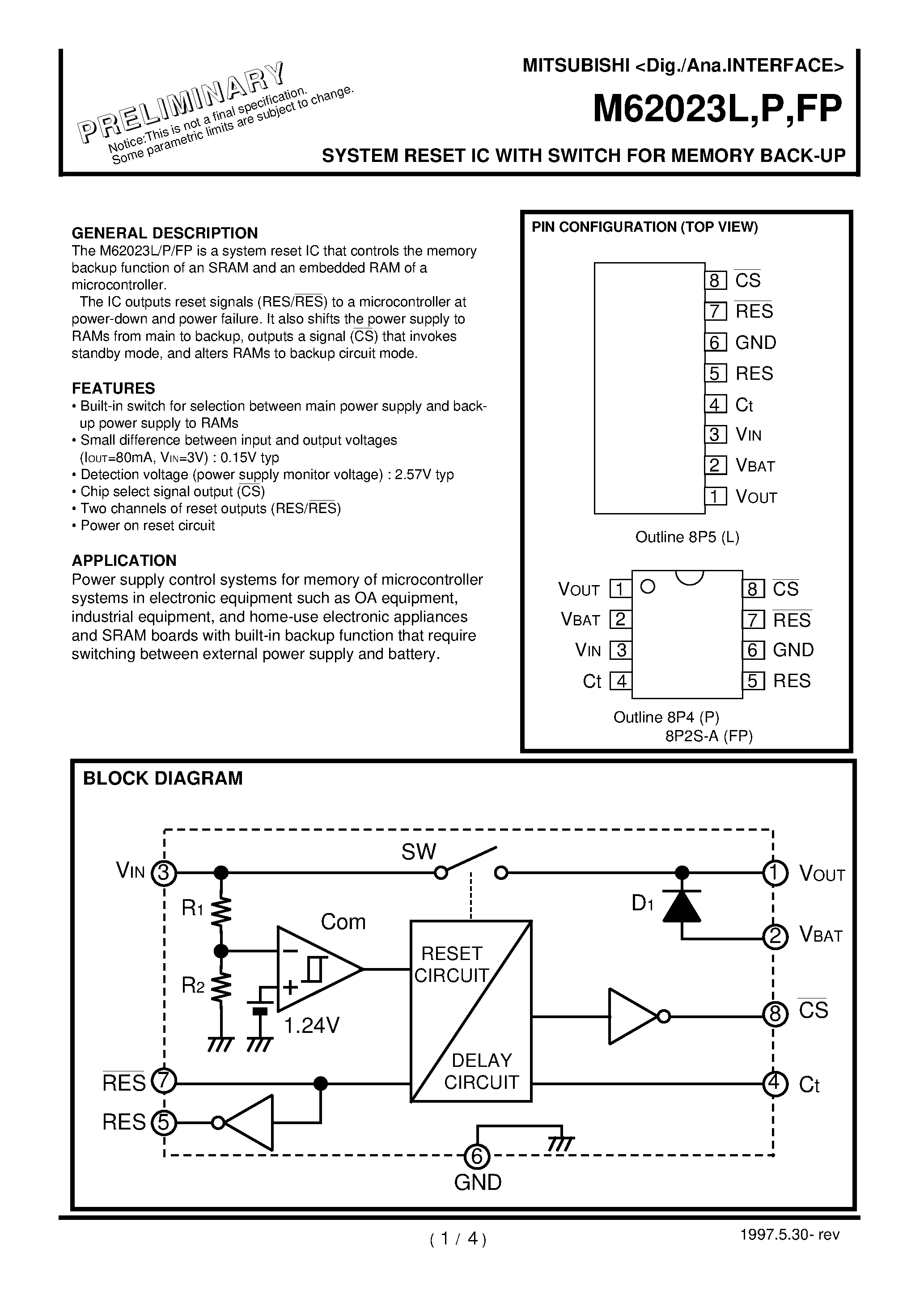 Datasheet M62023L - SYSTEM RESET IC WITH SWITCH FOR MEMORY BACK-UP page 1