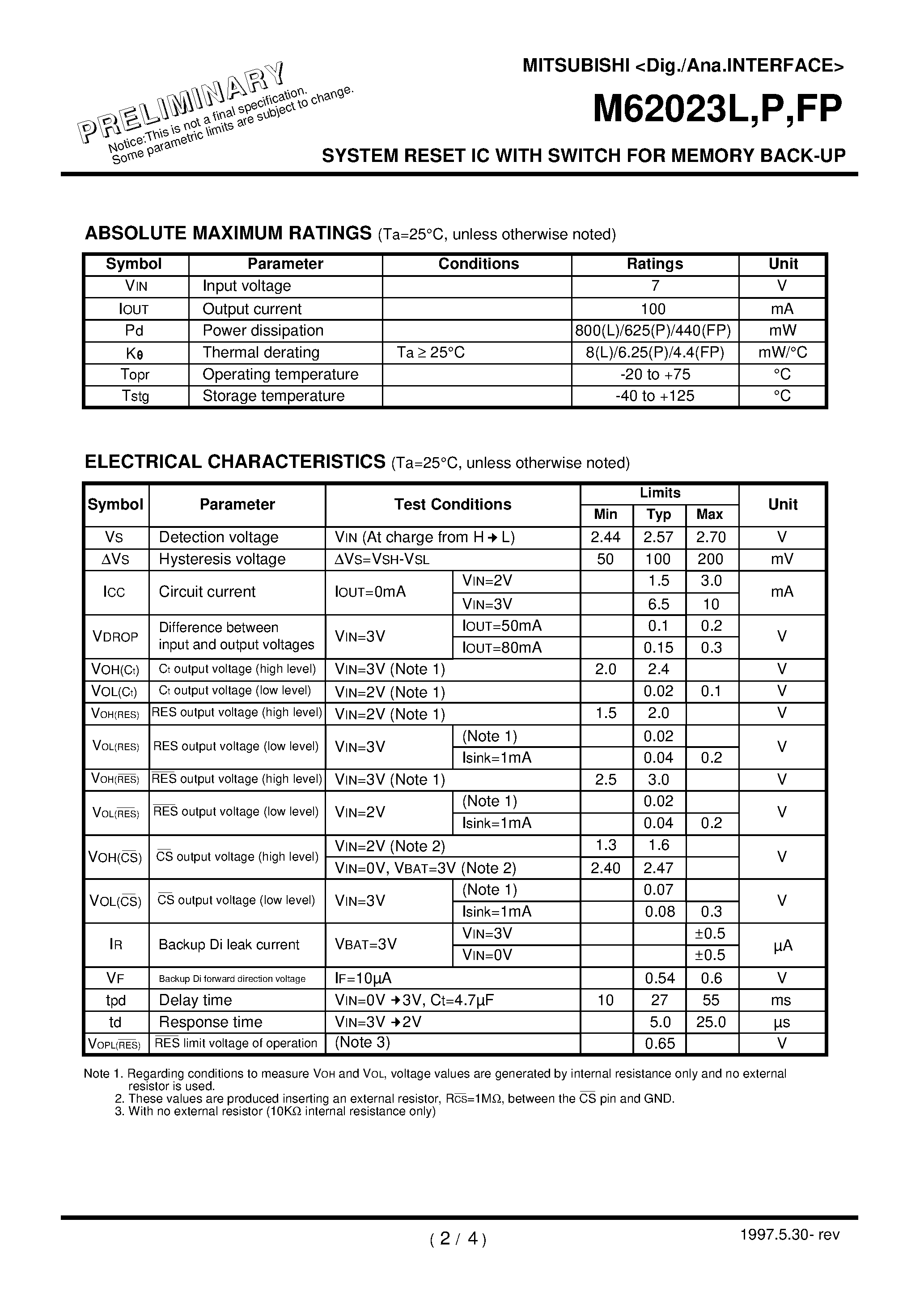Datasheet M62023L - SYSTEM RESET IC WITH SWITCH FOR MEMORY BACK-UP page 2