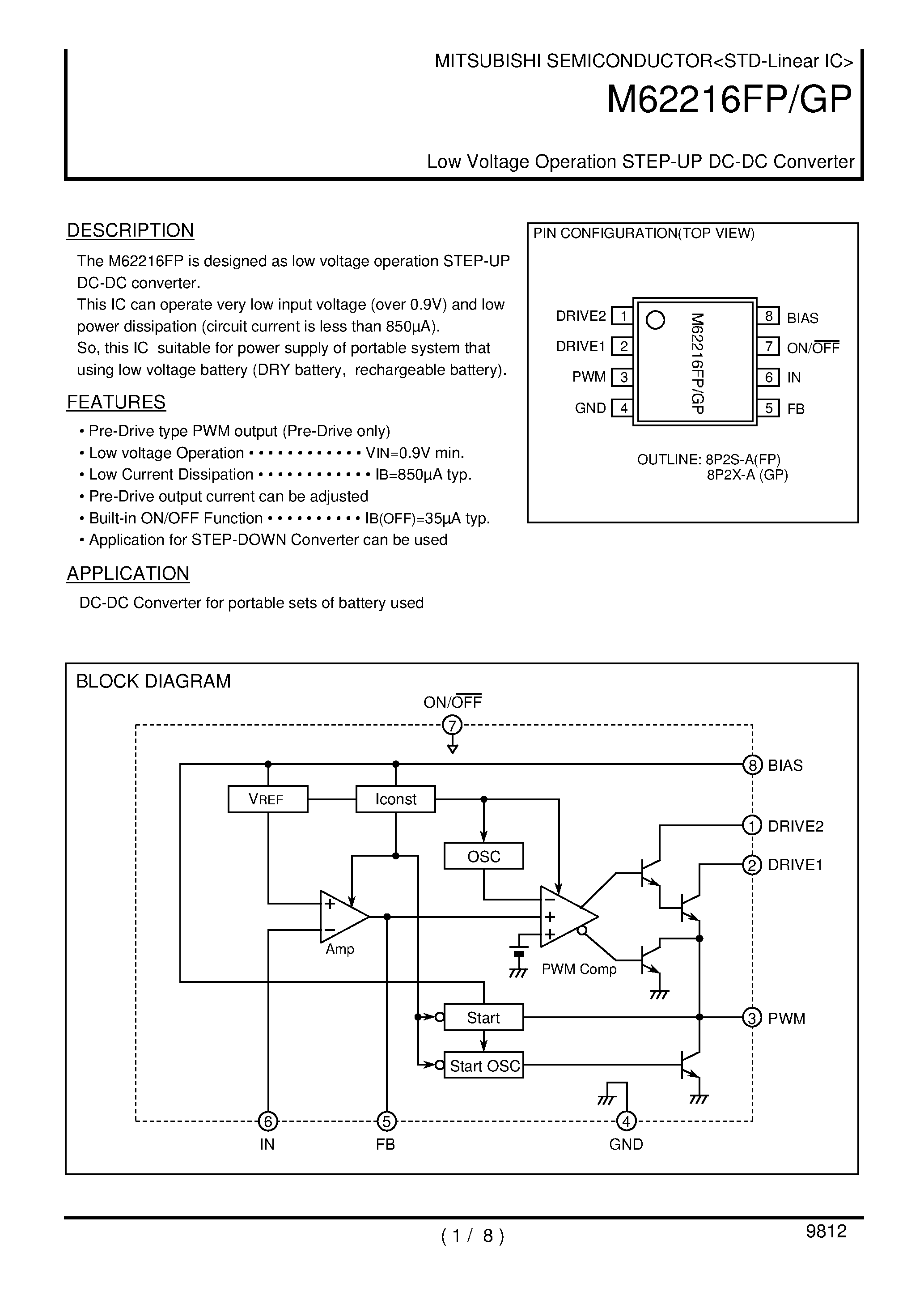 Datasheet M62216FP - Low Voltage Operation STEP-UP DC-DC Converter page 1