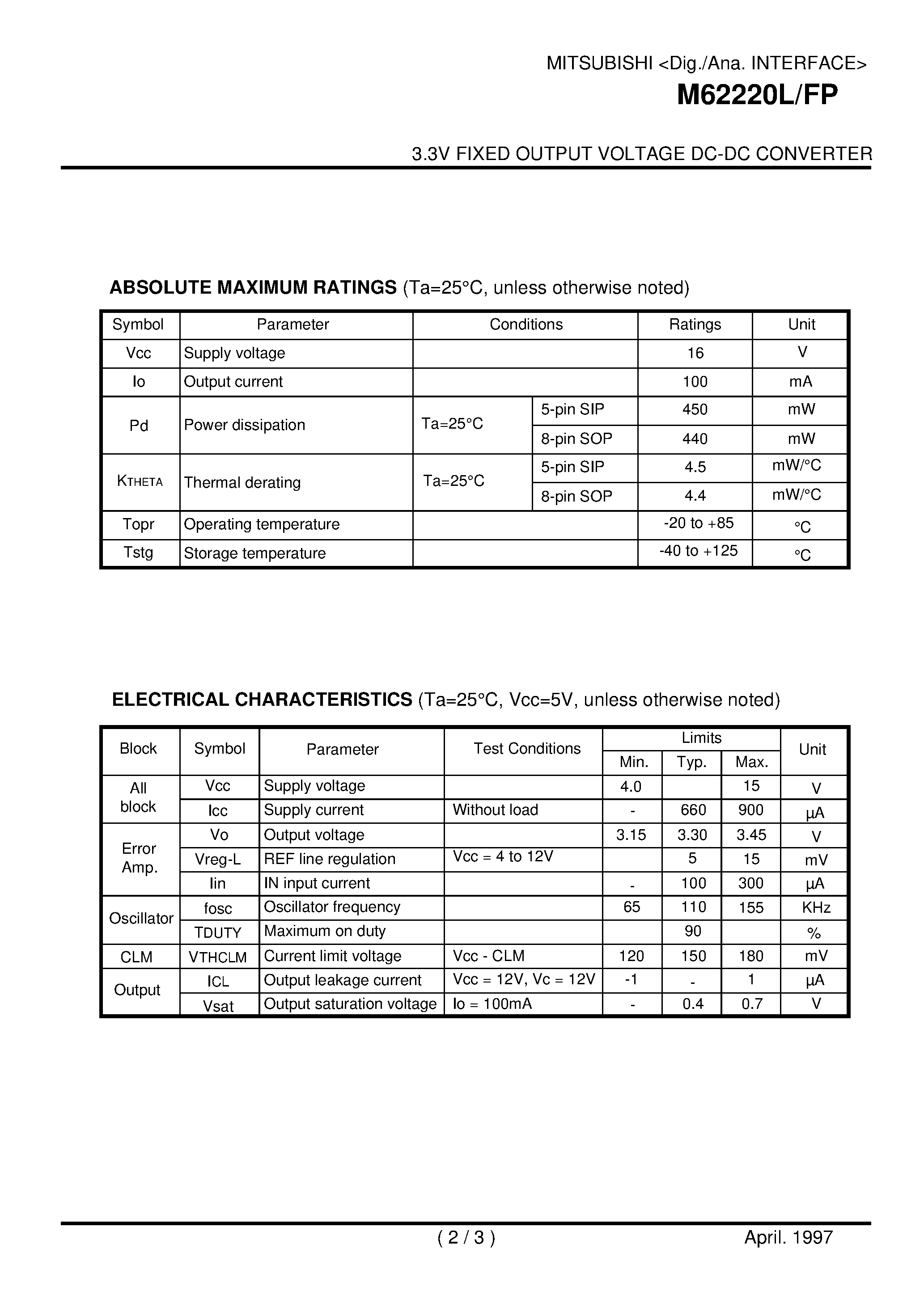Datasheet M62220FP - 3.3V FIXED OUTPUT VOLTAGE DC-DC CONVERTER page 2