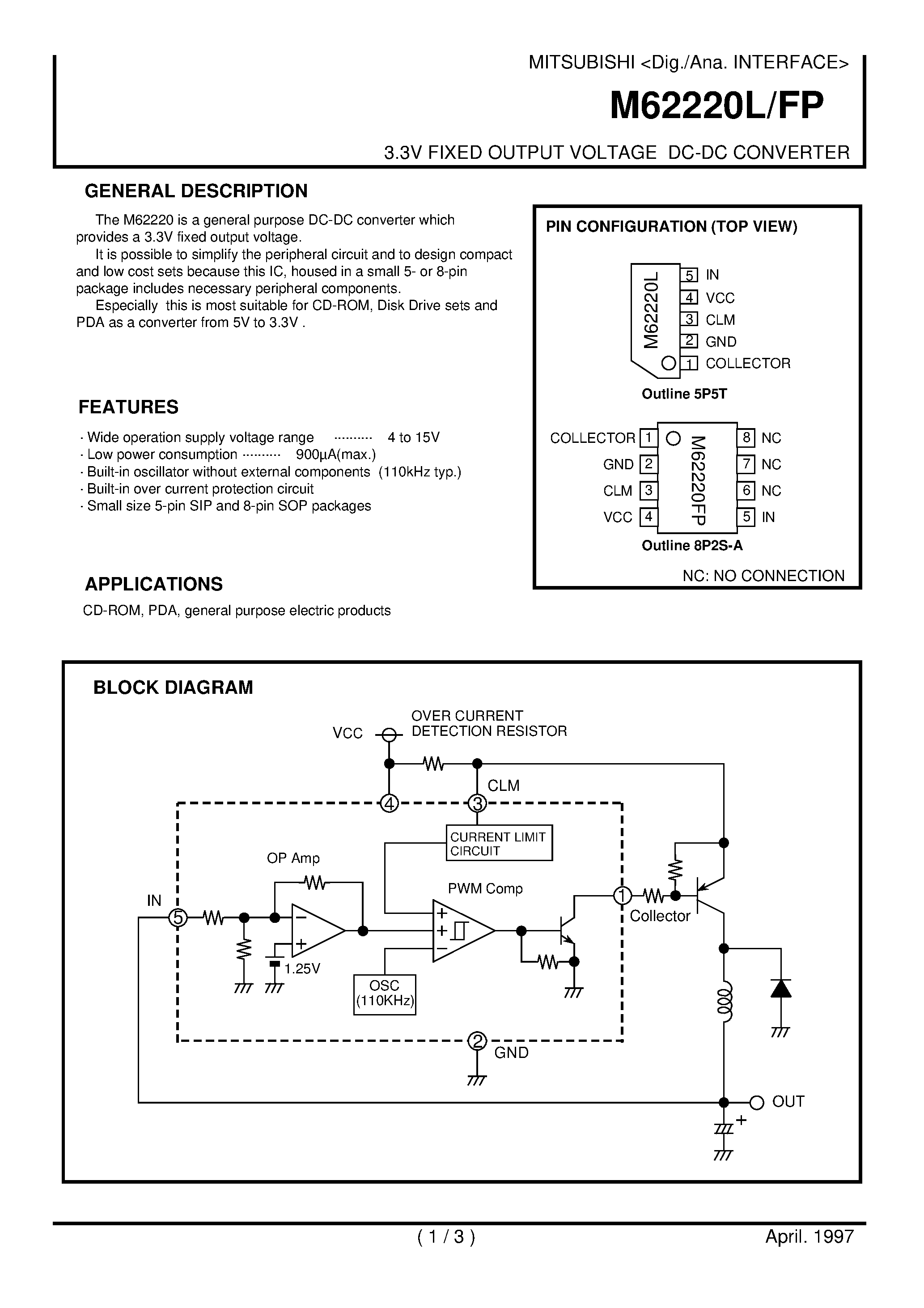 Datasheet M62220L - 3.3V FIXED OUTPUT VOLTAGE DC-DC CONVERTER page 1