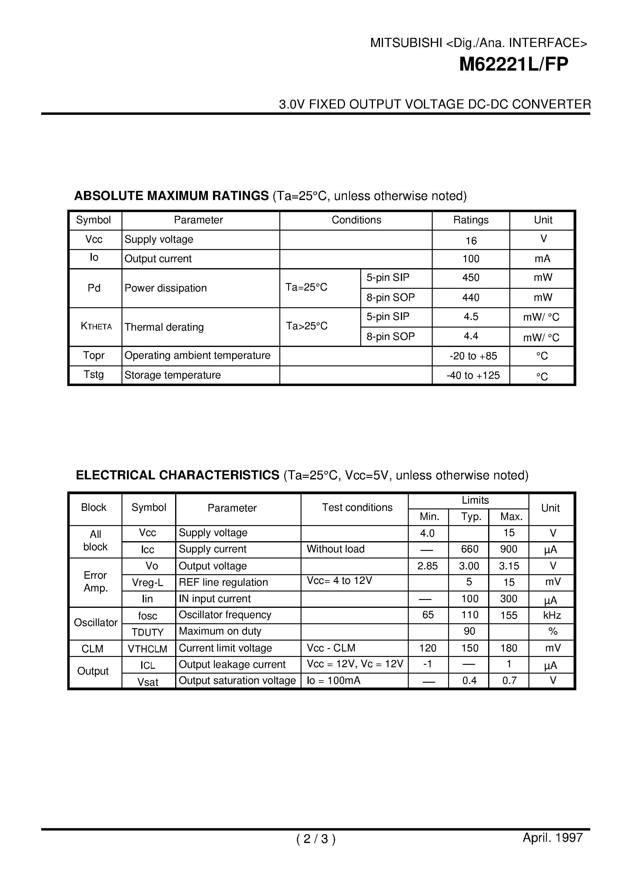 Datasheet M62221FP - 3.0V FIXED OUTPUT VOLTAGE DC-DC CONVERTER page 2