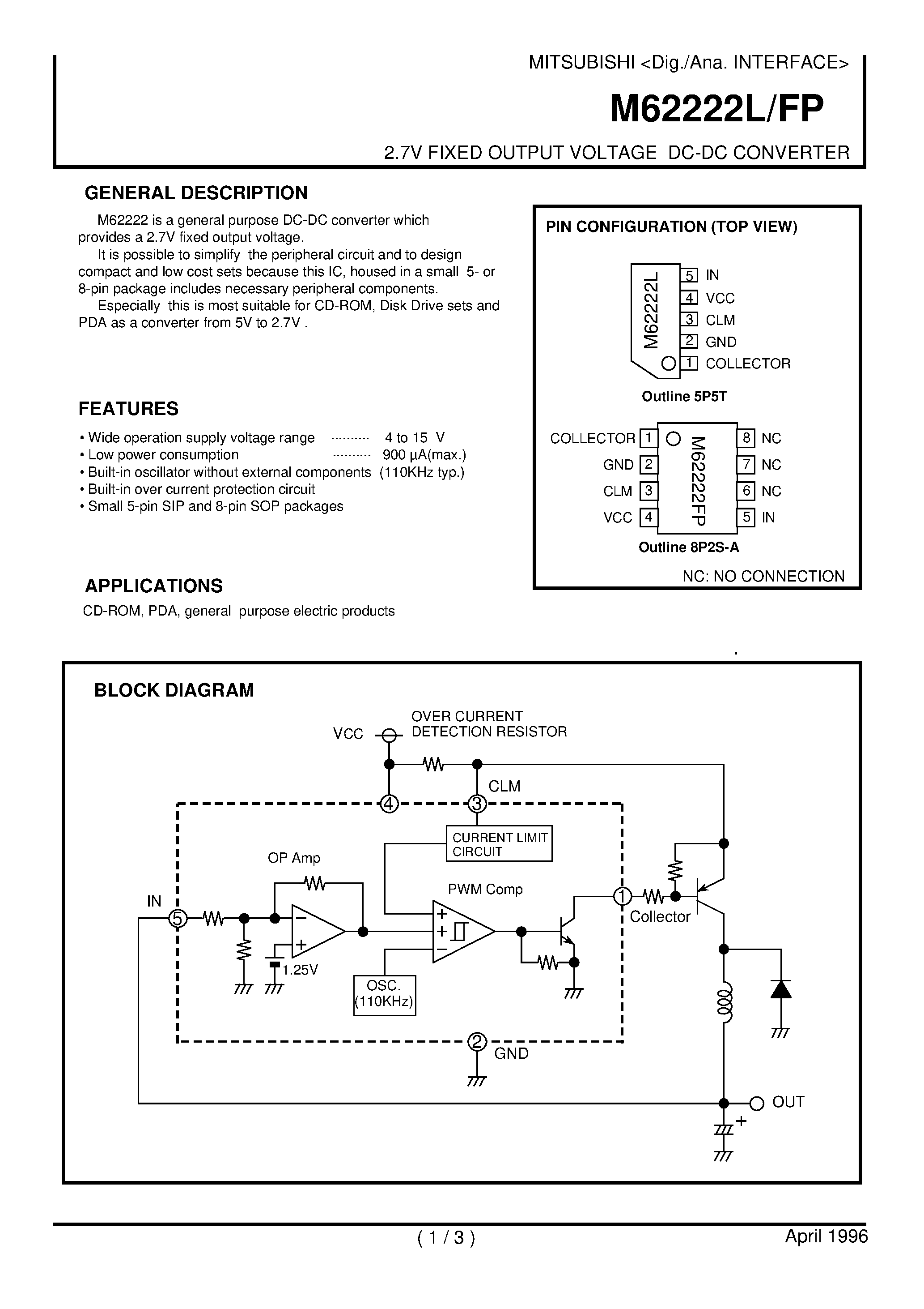 Datasheet M62222L page 1 Datasheet M62222L - 2.7V FIXED OUTPUT VOLTAGE DC-DC CONVERTER page 1