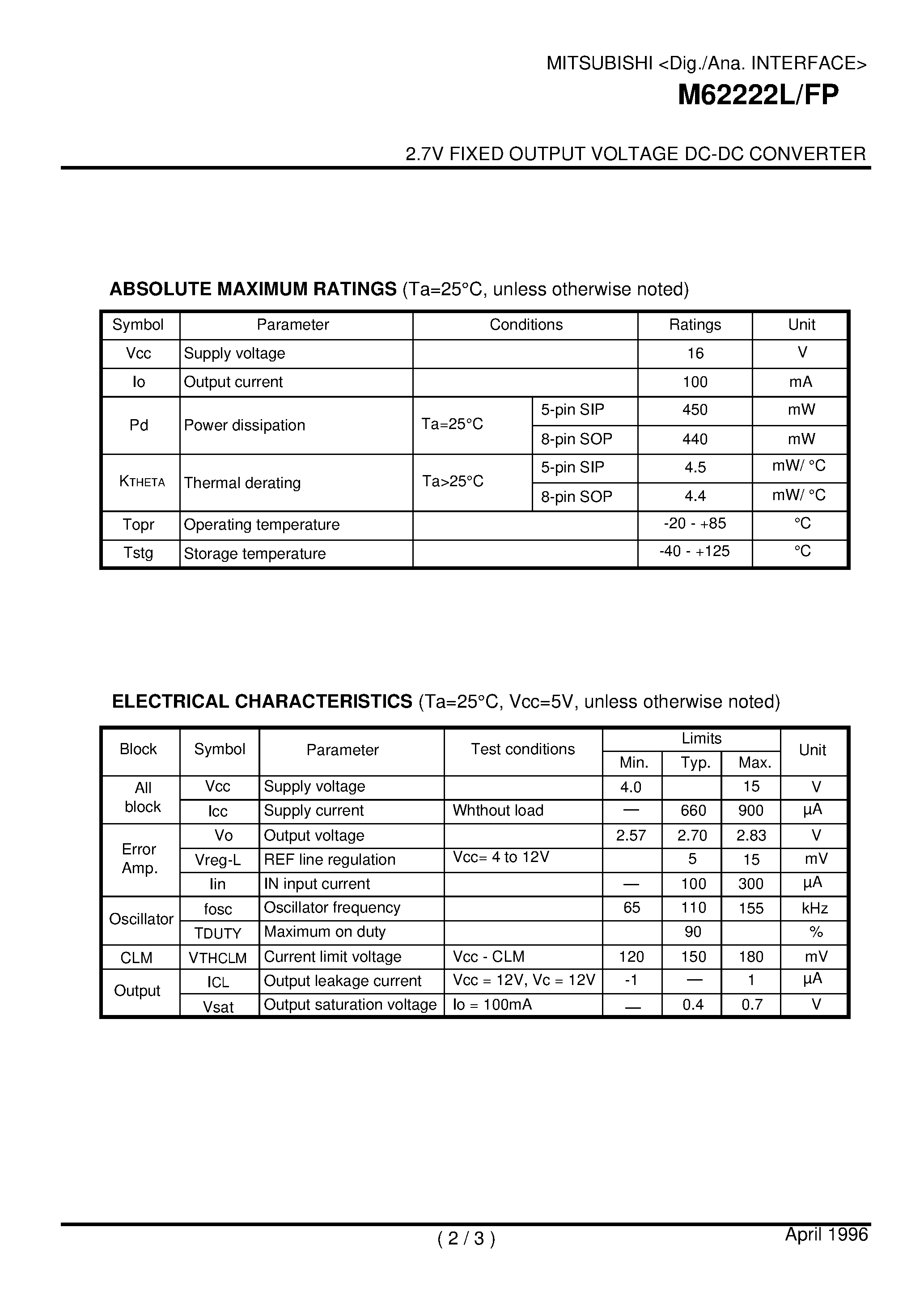 Datasheet M62222L page 2 Datasheet M62222L - 2.7V FIXED OUTPUT VOLTAGE DC-DC CONVERTER page 2
