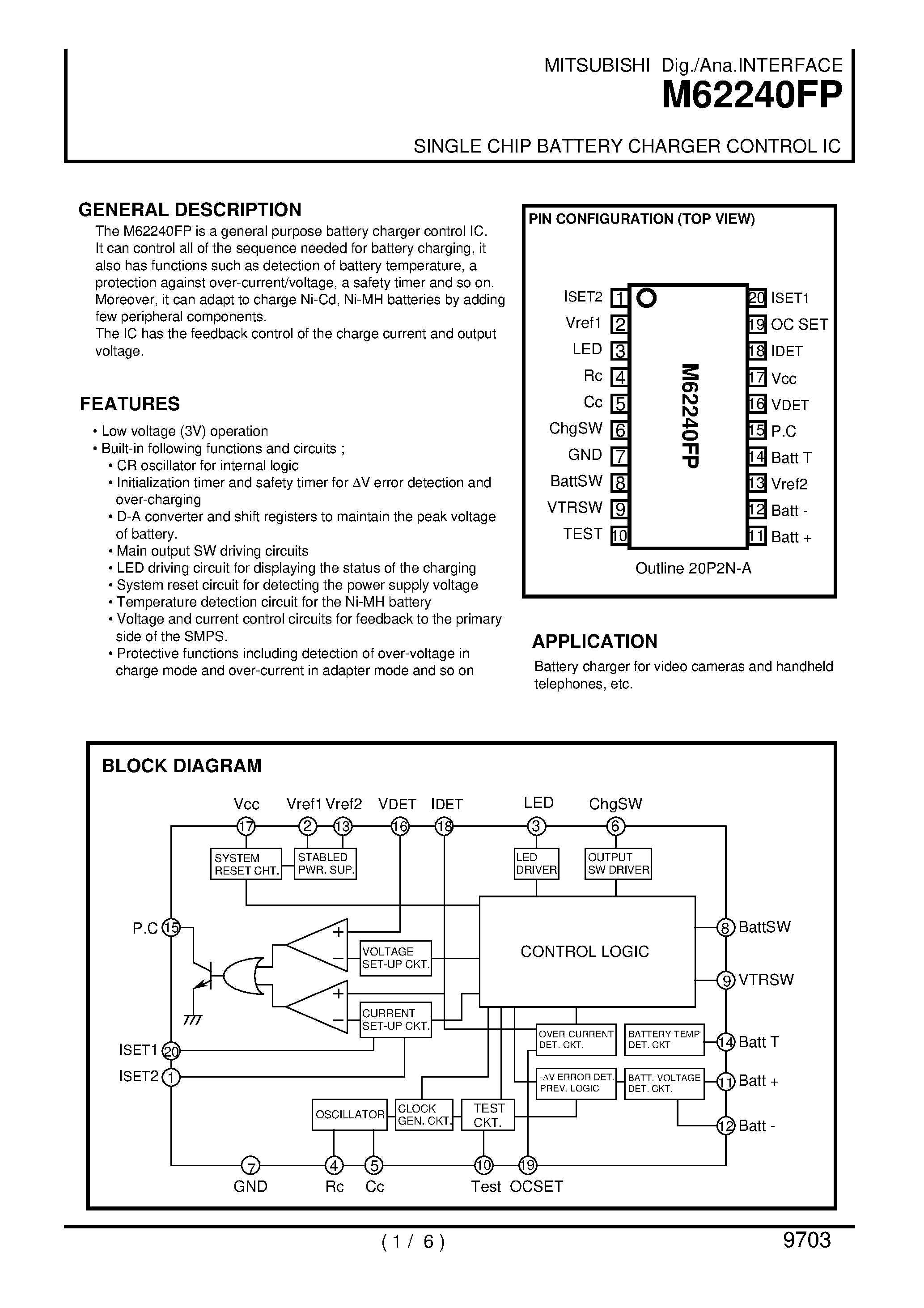 Datasheet M62240 - SINGLE CHIP BATTERY CHARGER CONTROL IC page 1