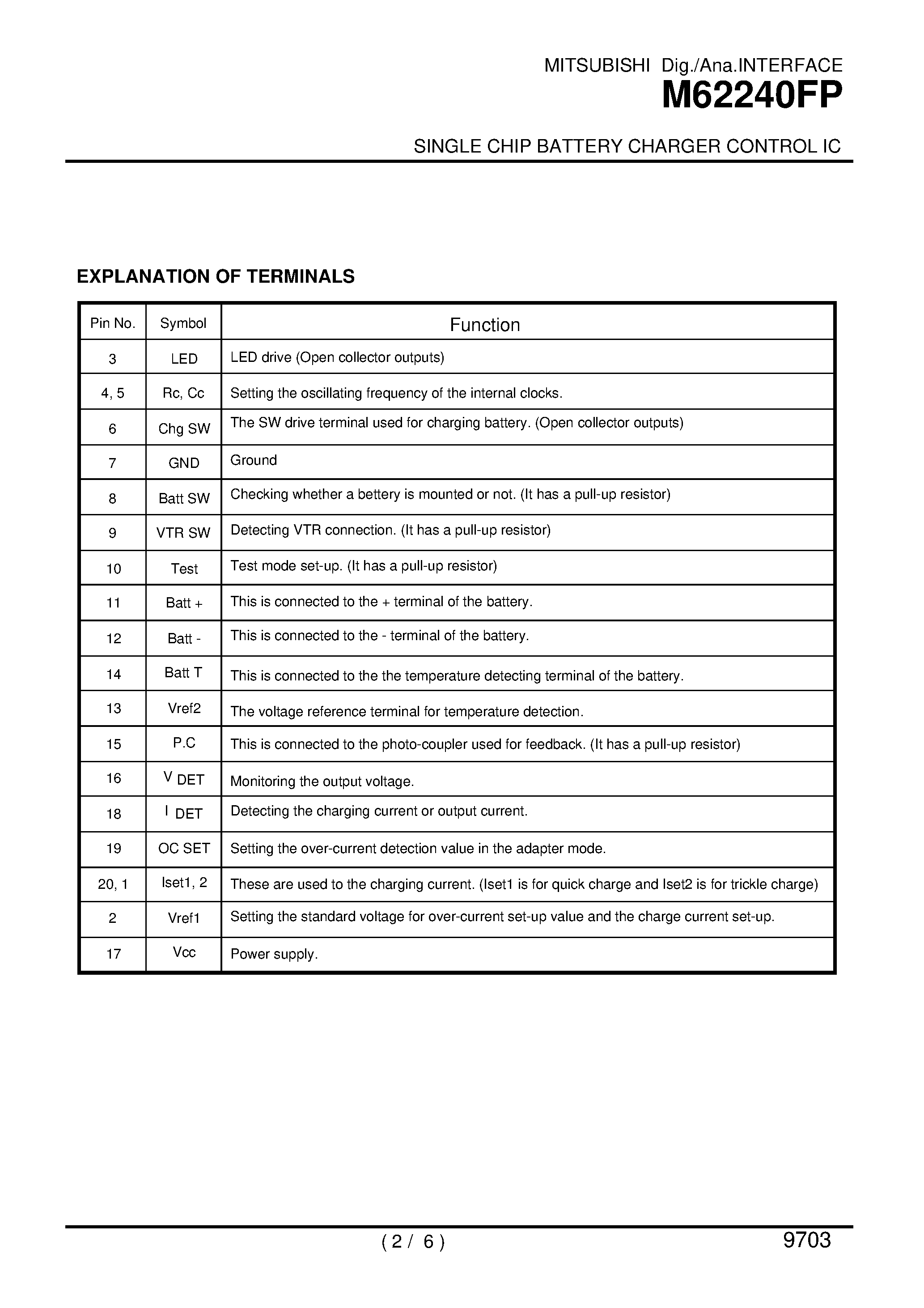 Datasheet M62240 - SINGLE CHIP BATTERY CHARGER CONTROL IC page 2