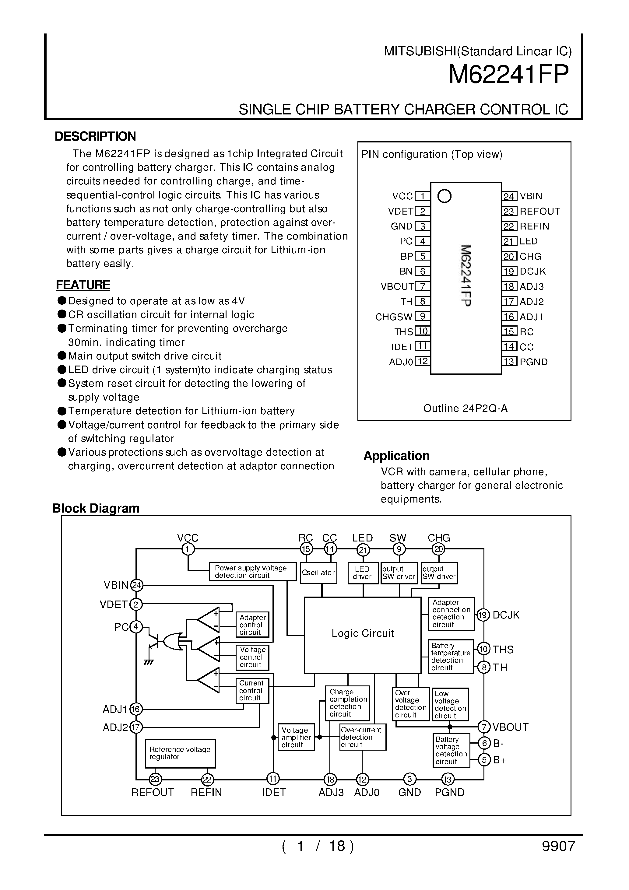 Datasheet M62241 - SINGLE CHIP BATTERY CHARGER CONTROL IC page 1