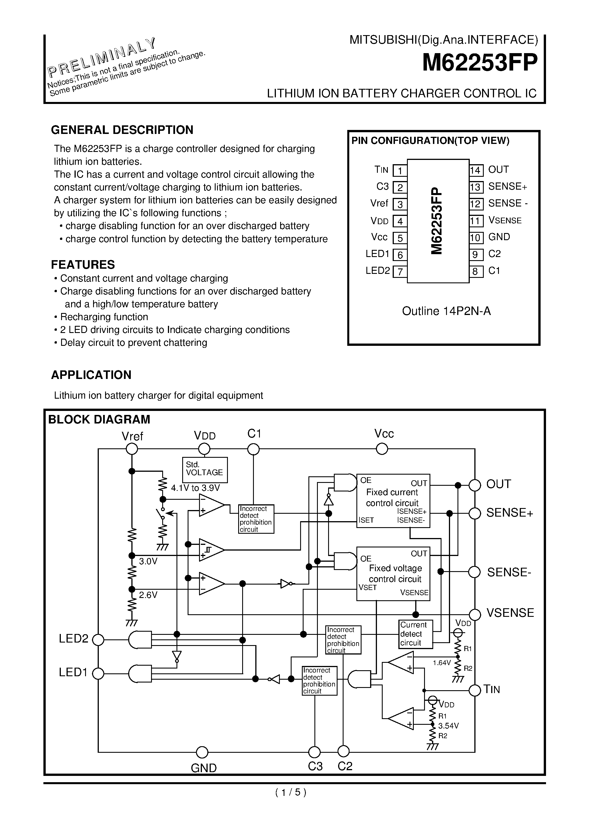 Datasheet M62253 - LITHIUM ION BATTERY CHARGER CONTROL IC page 1