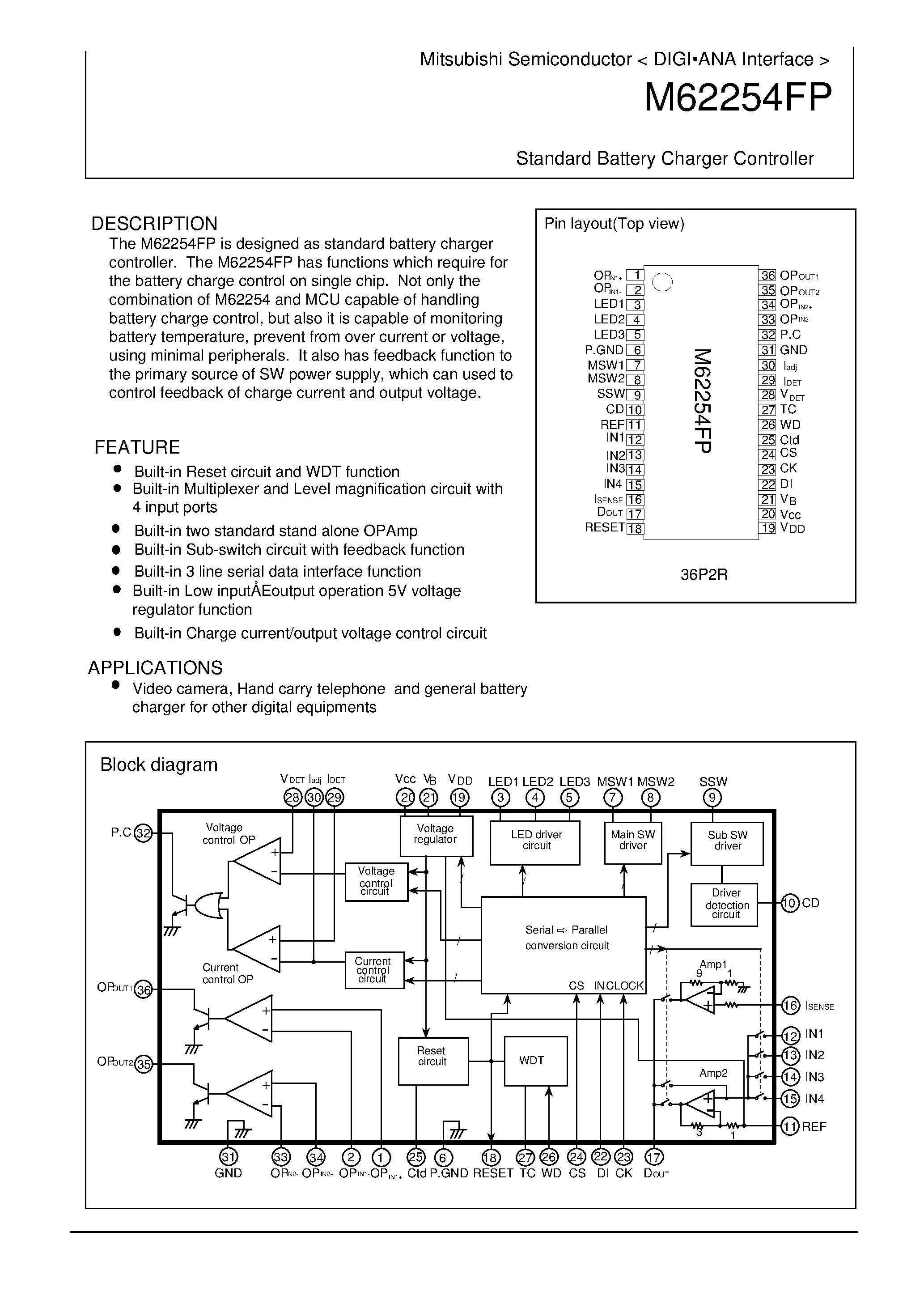 Datasheet M62254 - Standard Battery Charger Controller page 1