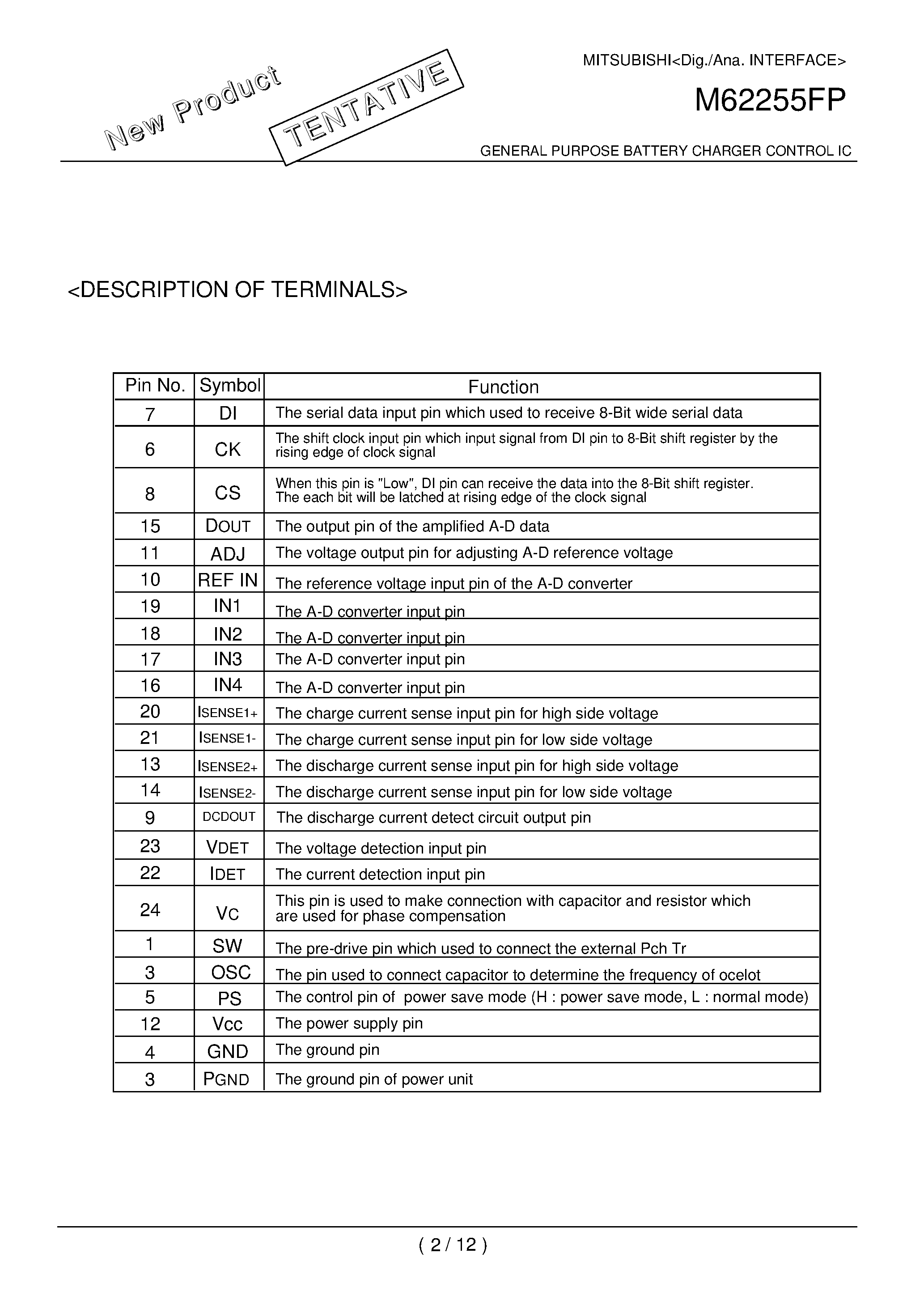 Datasheet M62255 - GENERAL PURPOSE BATTERY CHARGER CONTROL IC page 2