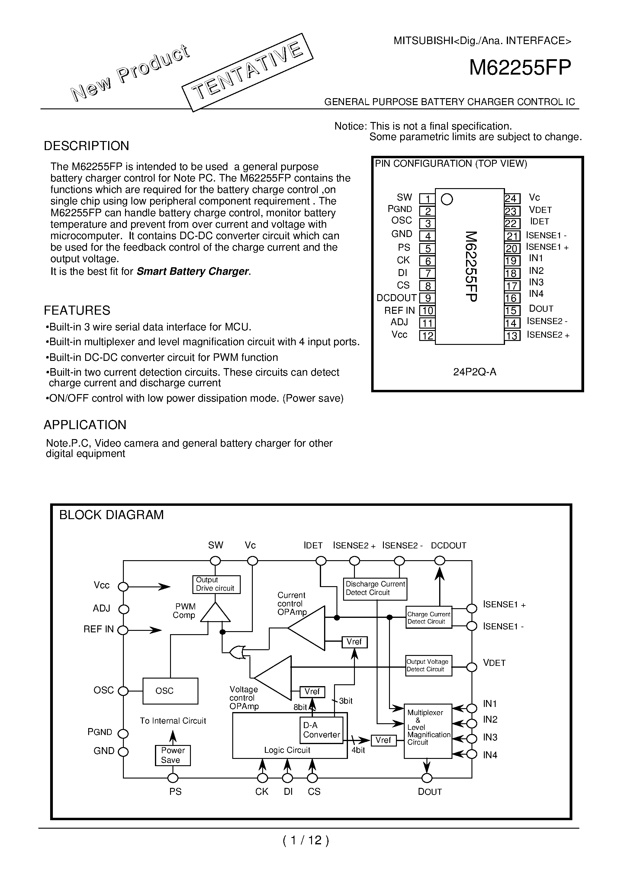 Datasheet M62255FP - GENERAL PURPOSE BATTERY CHARGER CONTROL IC page 1