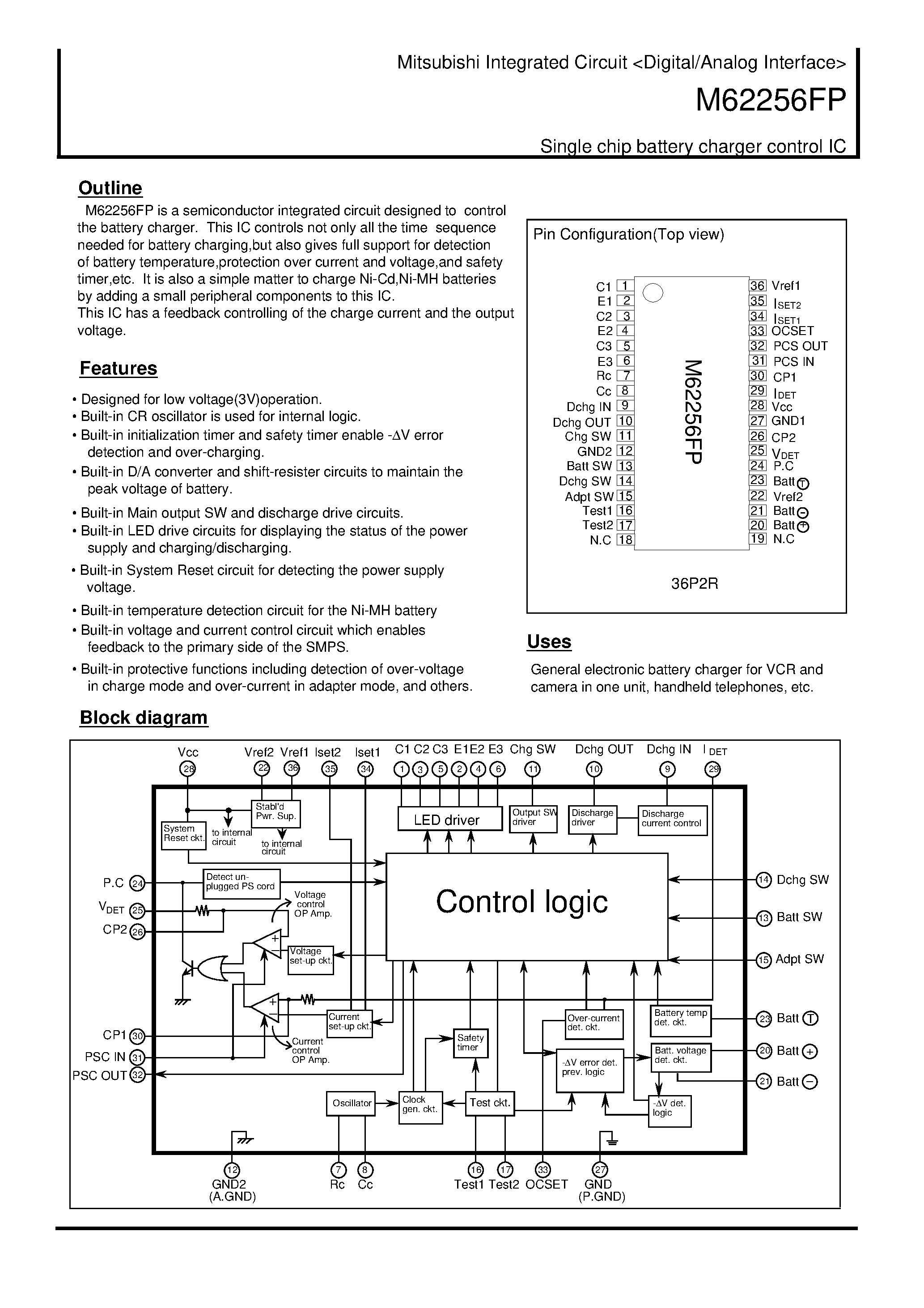 Datasheet M62256FP - Single chip battery charger control IC page 1