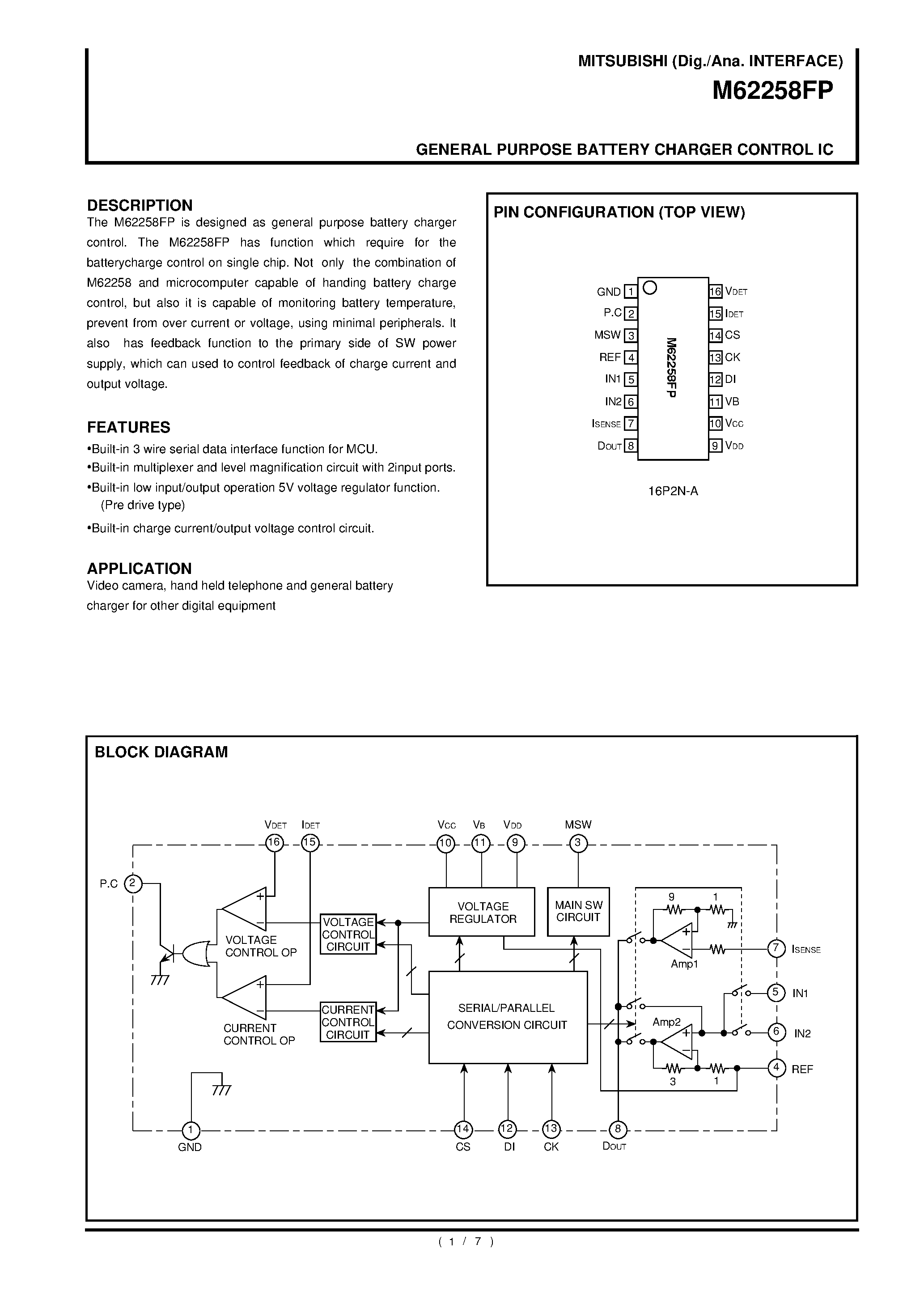 Datasheet M62258FP - GENERAL PURPOSE BATTERY CHARGER CONTROL IC page 1