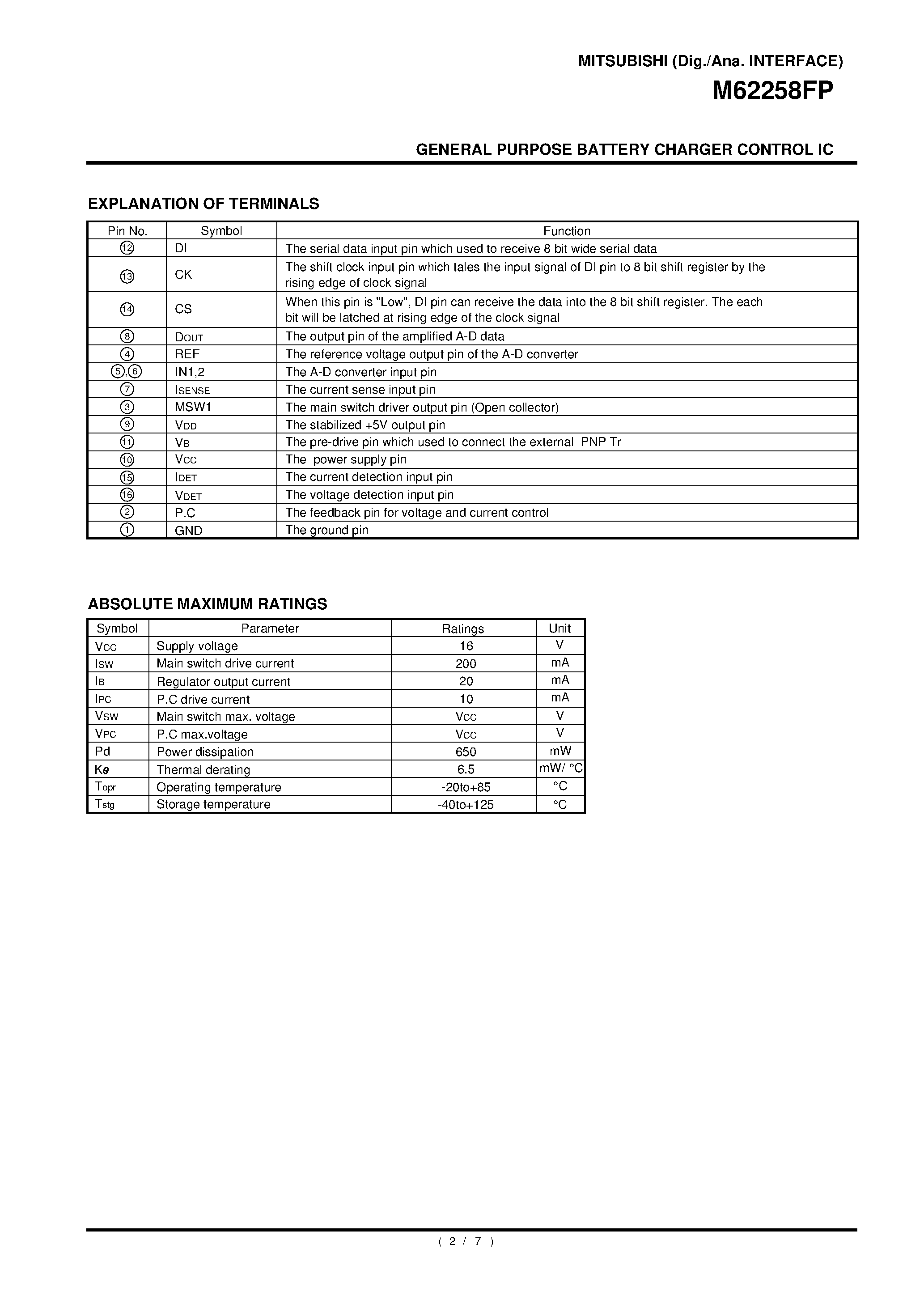 Datasheet M62258FP - GENERAL PURPOSE BATTERY CHARGER CONTROL IC page 2
