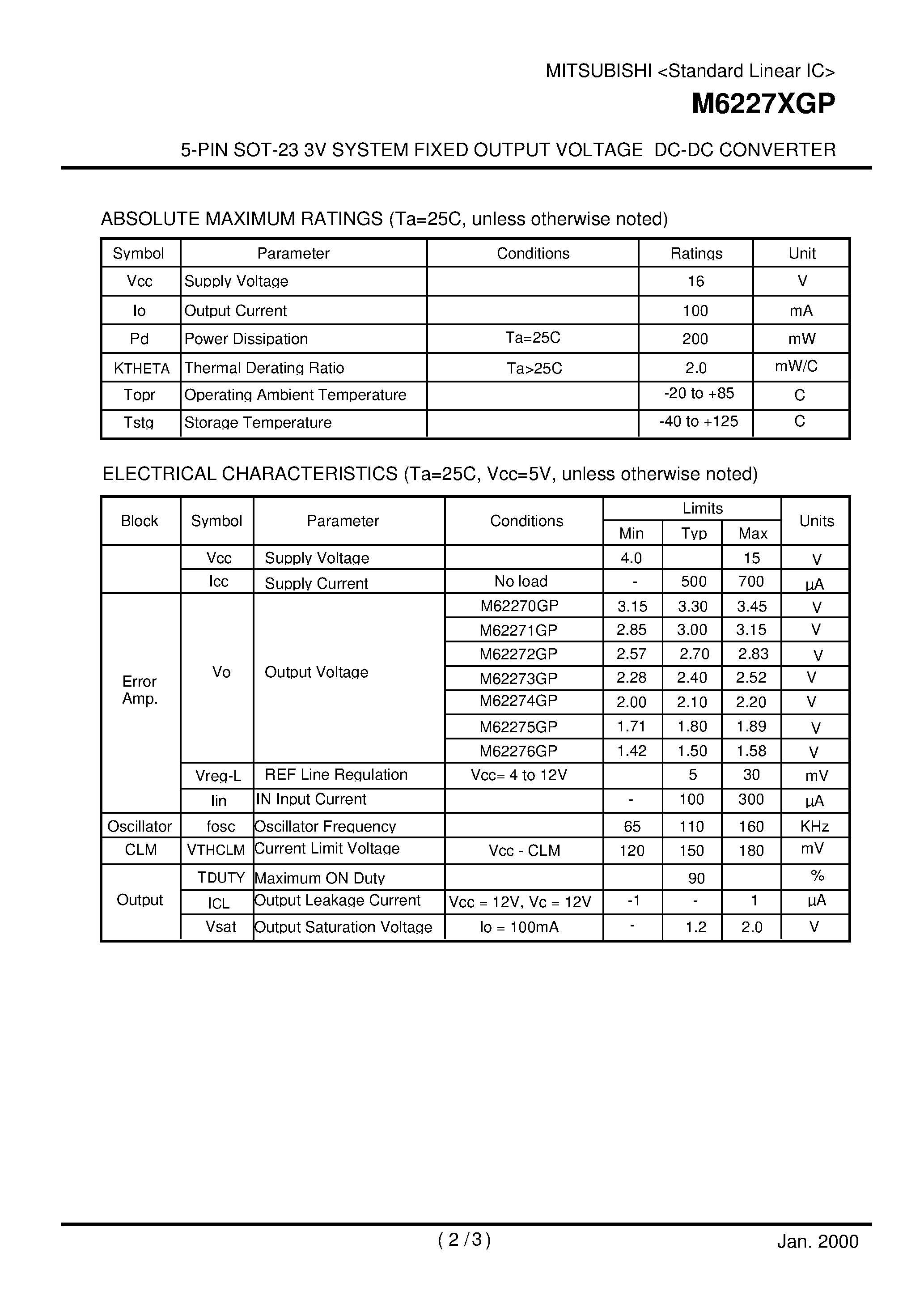 Datasheet M62274GP page 2 Datasheet M62274GP - 5-PIN SOT-23 3V SYSTEM FIXED OUTPUT VOLTAGE DC-DC CONVERTER page 2