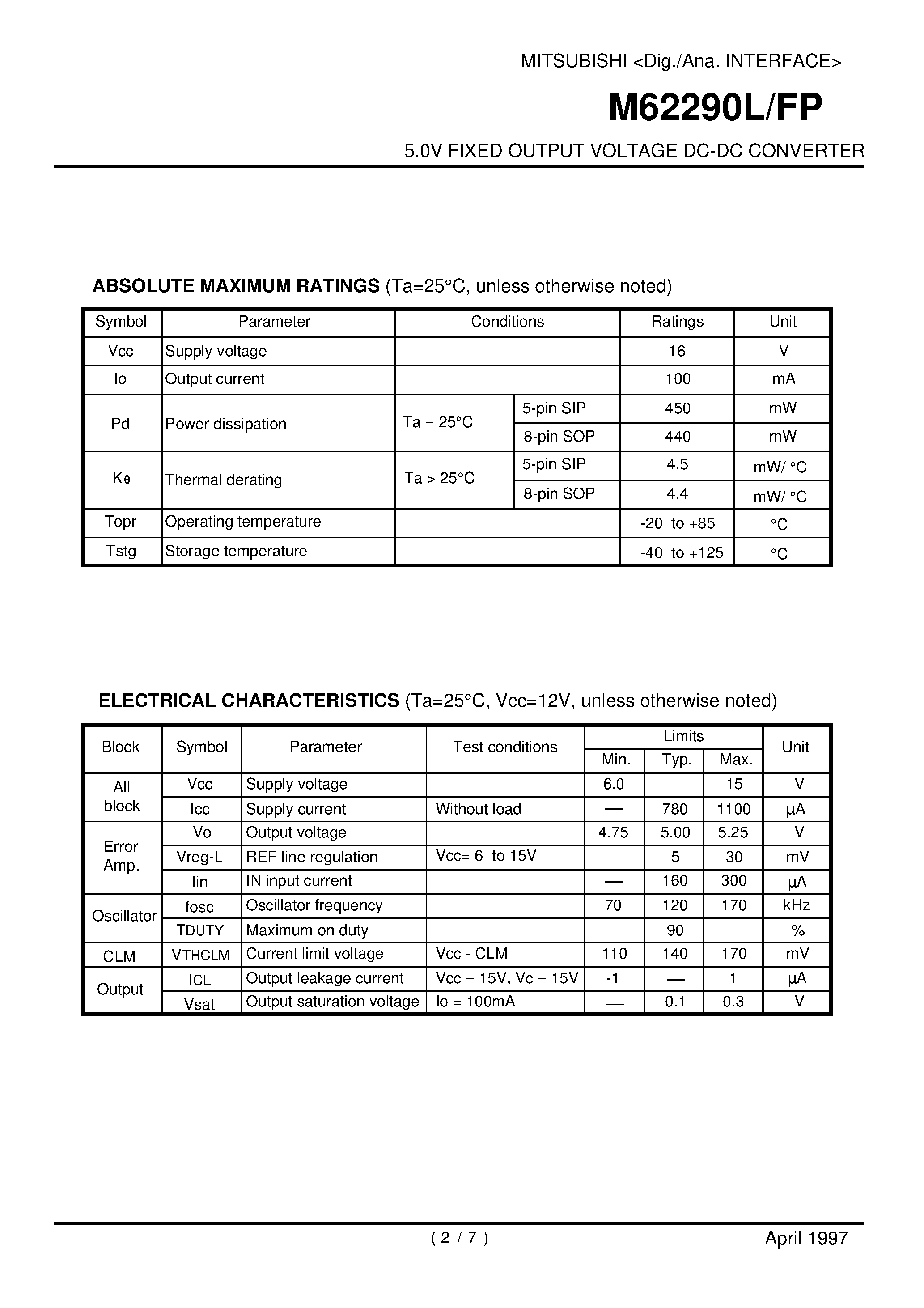 Datasheet M62290FP - 5.0V FIXED OUTPUT VOLTAGE DC-DC CONVERTER page 2