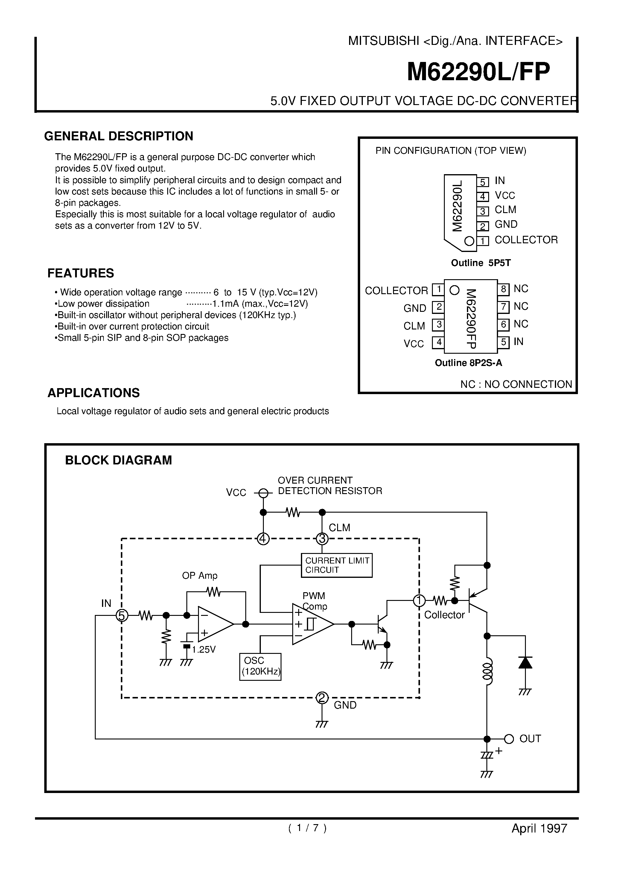Datasheet M62290L page 1 Datasheet M62290L - 5.0V FIXED OUTPUT VOLTAGE DC-DC CONVERTER page 1