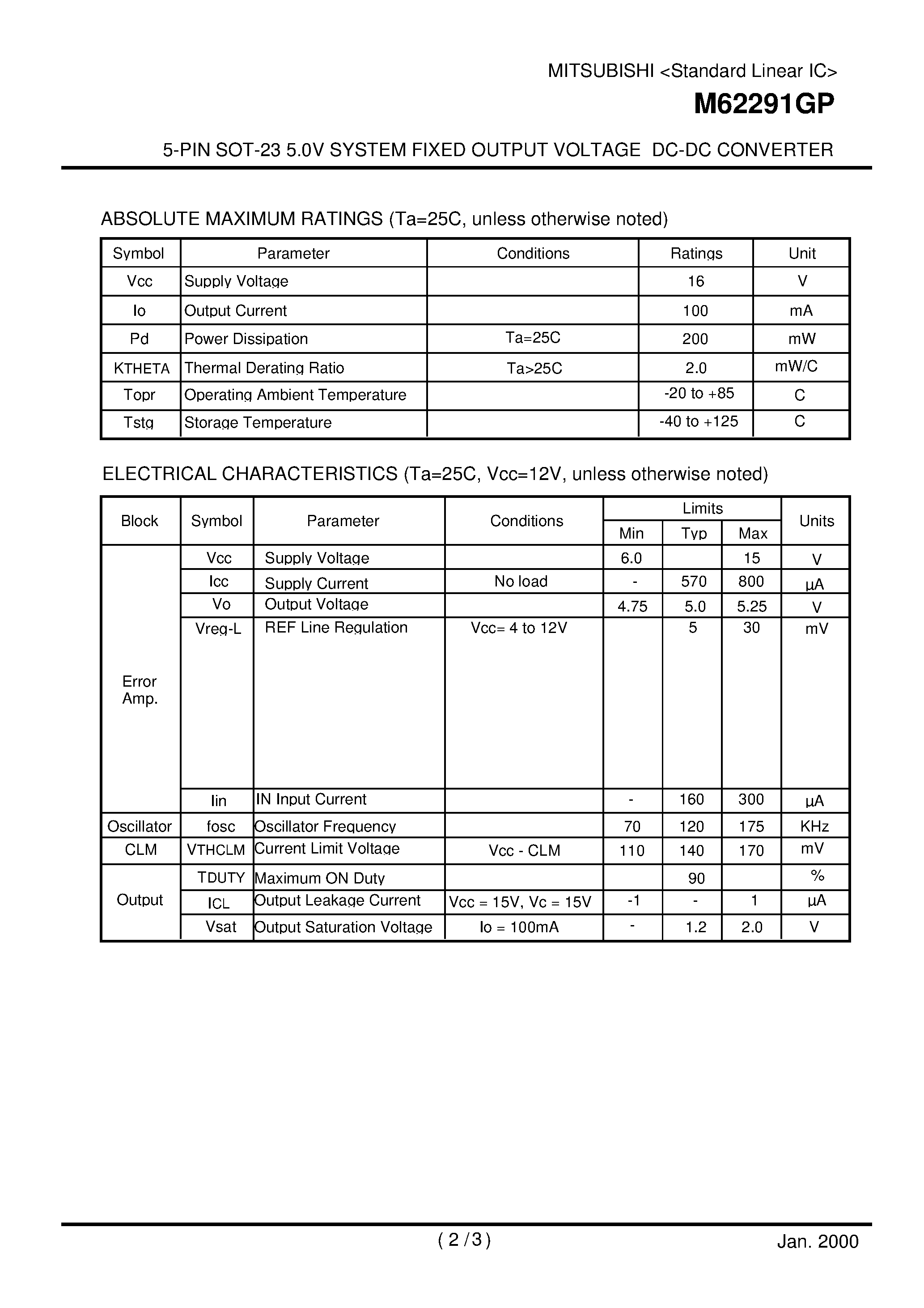 Datasheet M62291 - 5-PIN SOT-23 5.0V SYSTEM FIXED OUTPUT VOLTAGE DC-DC CONVERTER page 2
