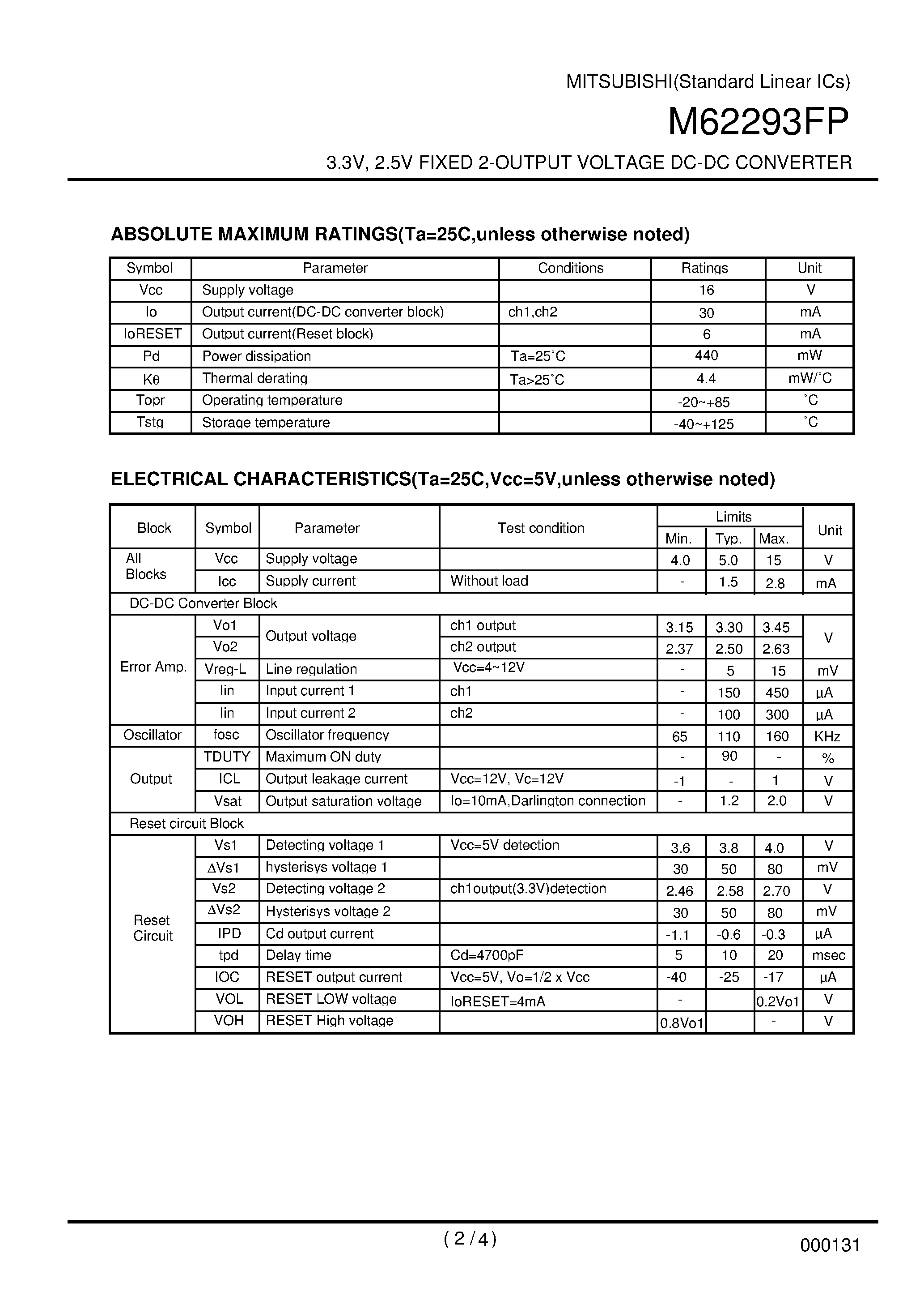 Datasheet M62293 - 3.3V / 2.5V FIXED 2-OUTPUT VOLTAGE DC-DC CONVERTER page 2