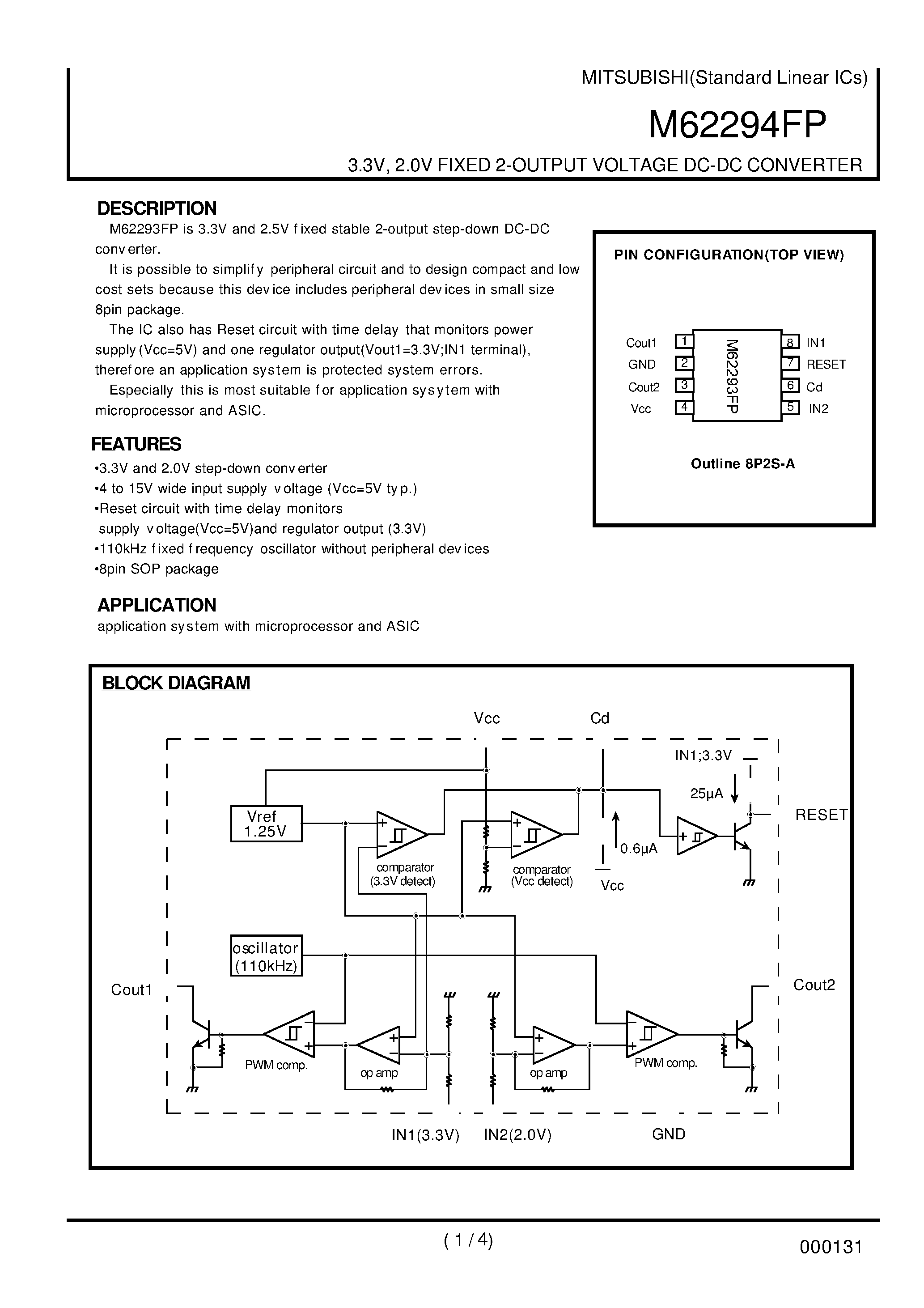 Datasheet M62294FP page 1 Datasheet M62294FP - 3.3V / 2.0V FIXED 2-OUTPUT VOLTAGE DC-DC CONVERTER page 1