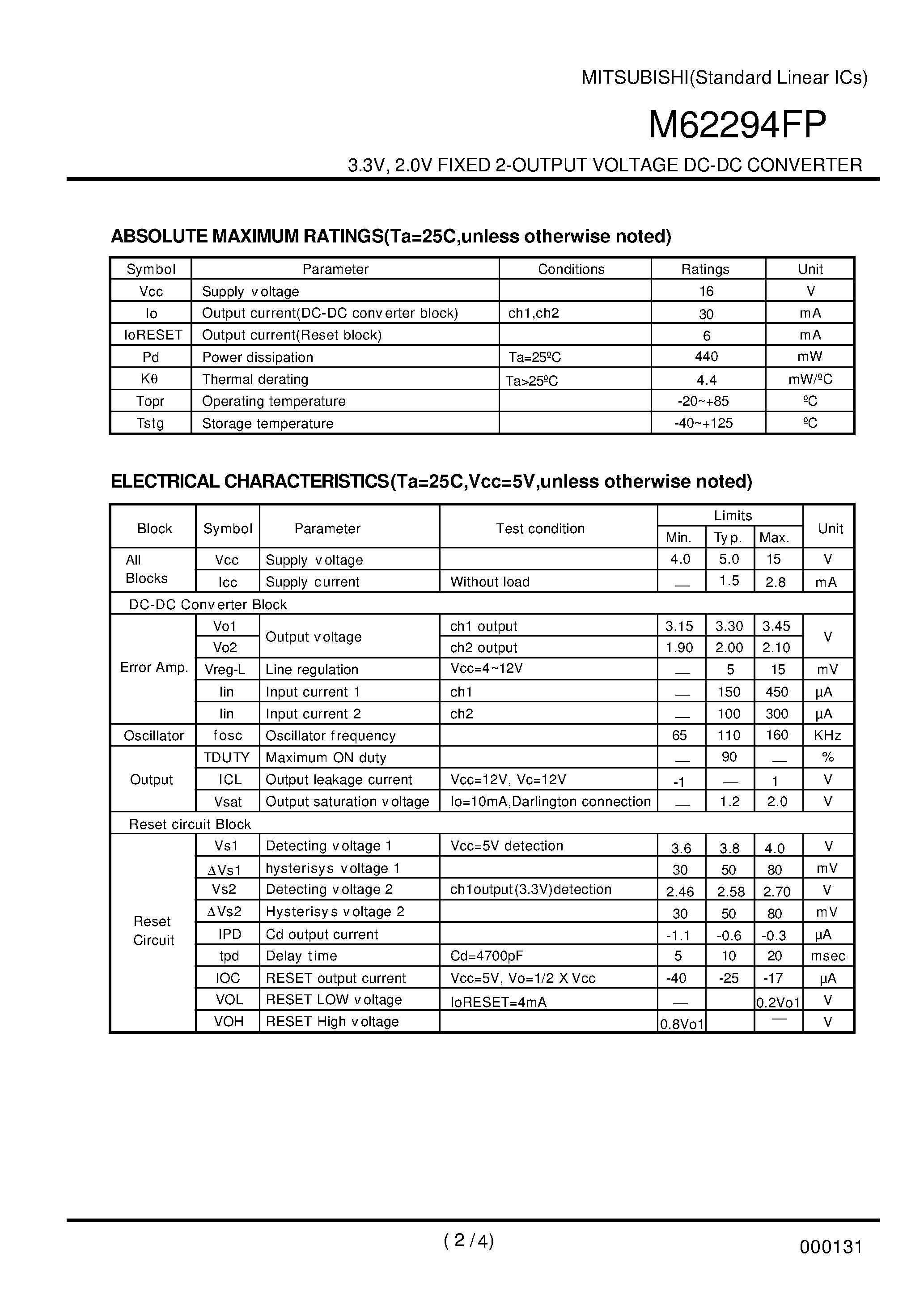 Datasheet M62294FP page 2 Datasheet M62294FP - 3.3V / 2.0V FIXED 2-OUTPUT VOLTAGE DC-DC CONVERTER page 2