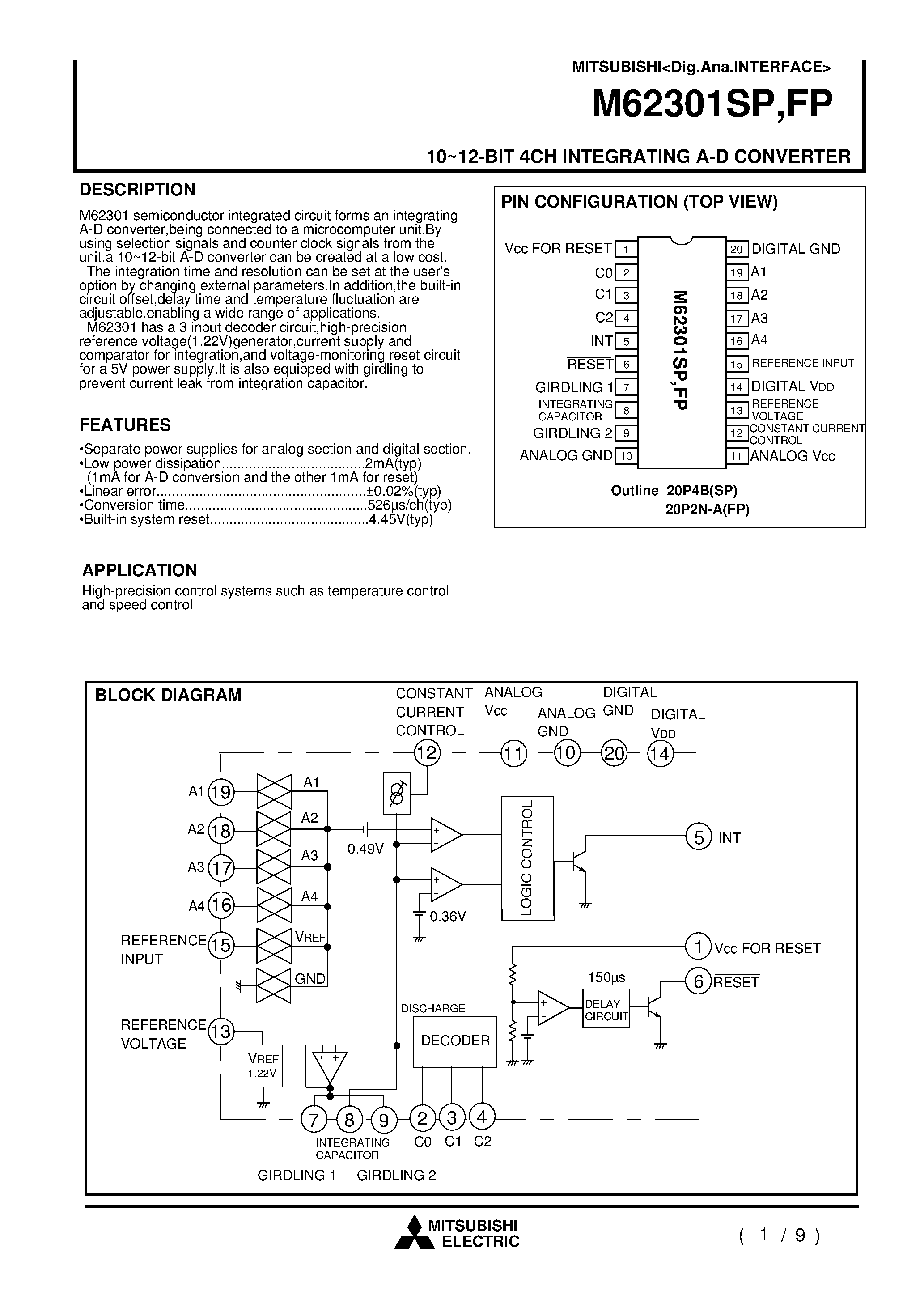 Даташит на микросхему M62301SP страница 1 Даташит M62301SP - 10~12-BIT 4CH INTEGRATING A-D CONVERTER страница 1