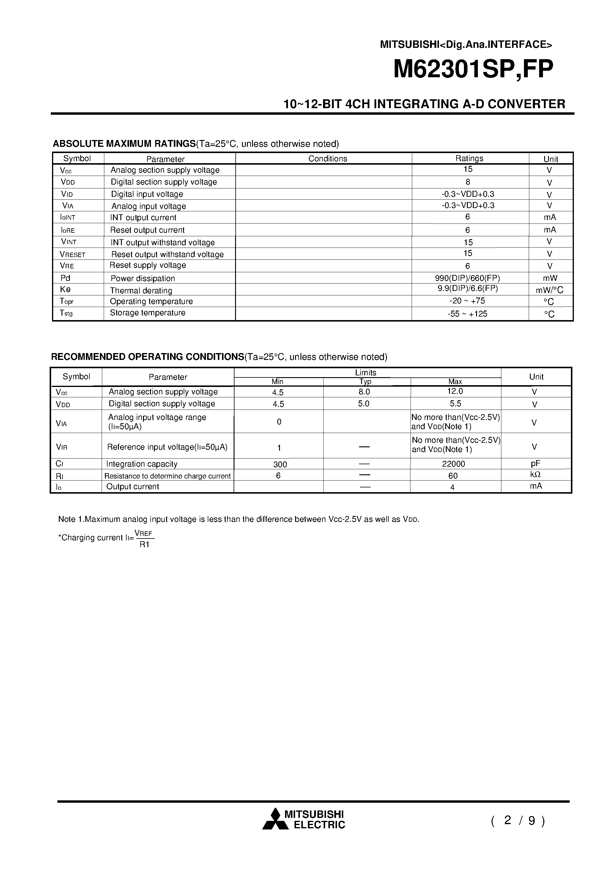 Даташит на микросхему M62301SP страница 2 Даташит M62301SP - 10~12-BIT 4CH INTEGRATING A-D CONVERTER страница 2