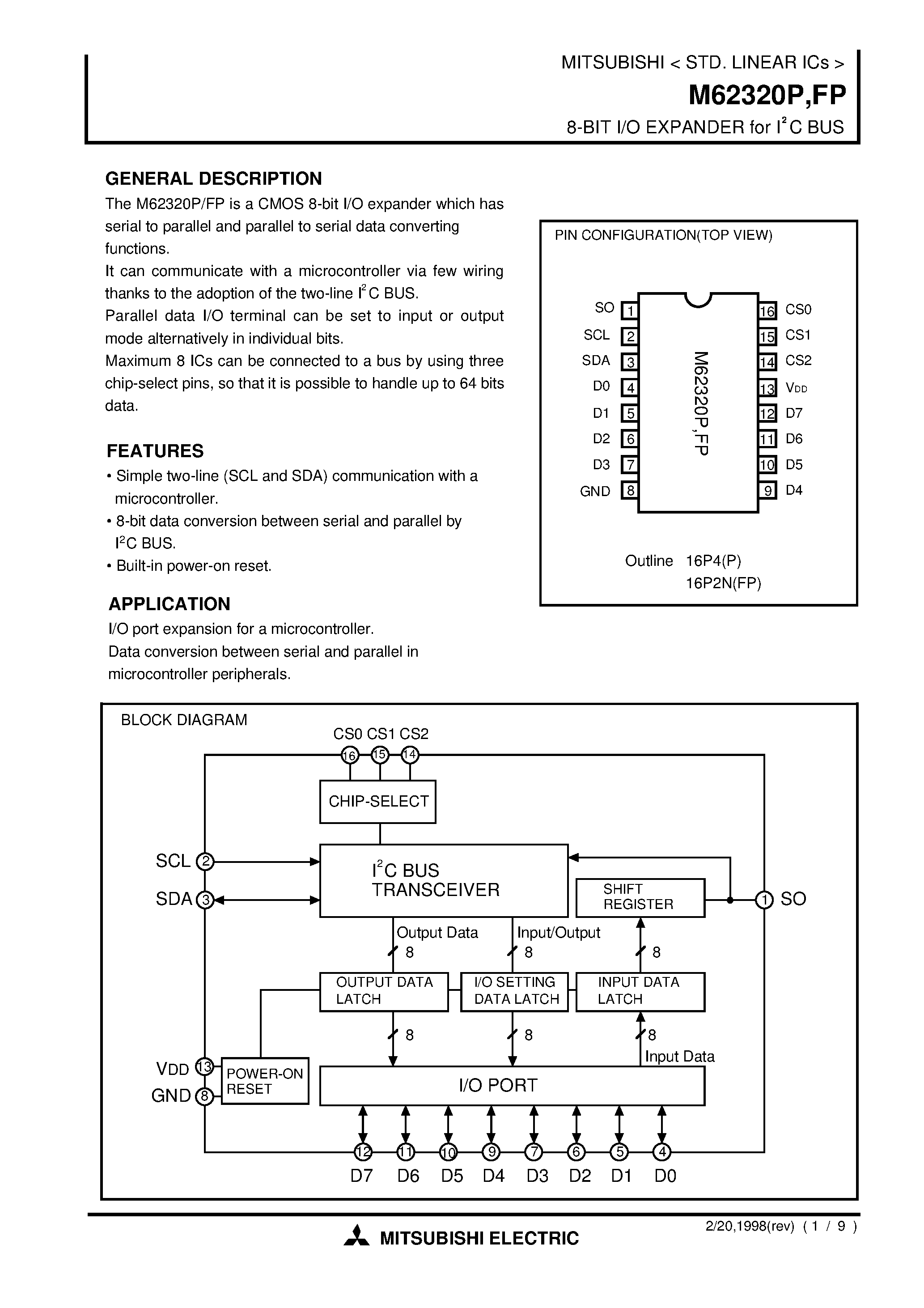 Datasheet M62320P - 8-BIT I/O EXPANDER for I2C BUS page 1