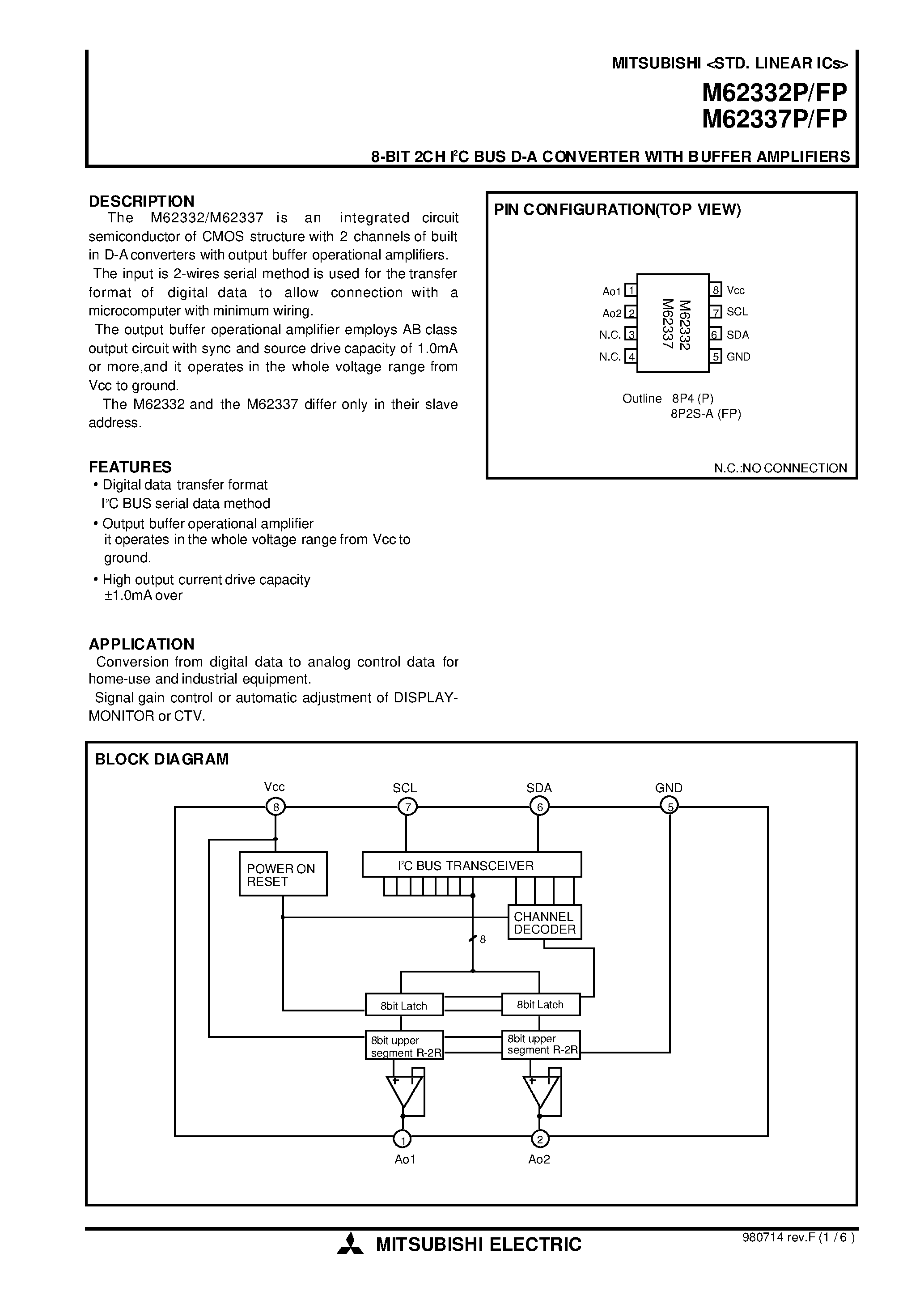 Даташит M62332P - 8-BIT 2CH I2C BUS D-A CONVERTER WITH BUFFER AMPLIFIERS страница 1