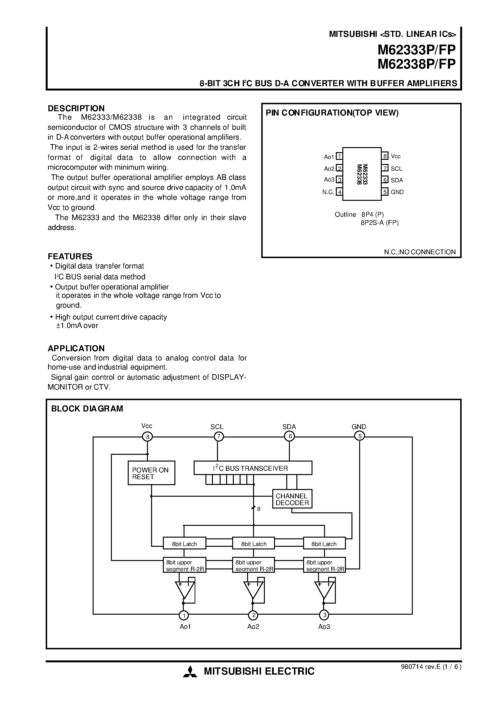 Даташит M62333FP - 8-BIT 3CH I2C BUS D-A CONVERTER WITH BUFFER AMPLIFIERS страница 1