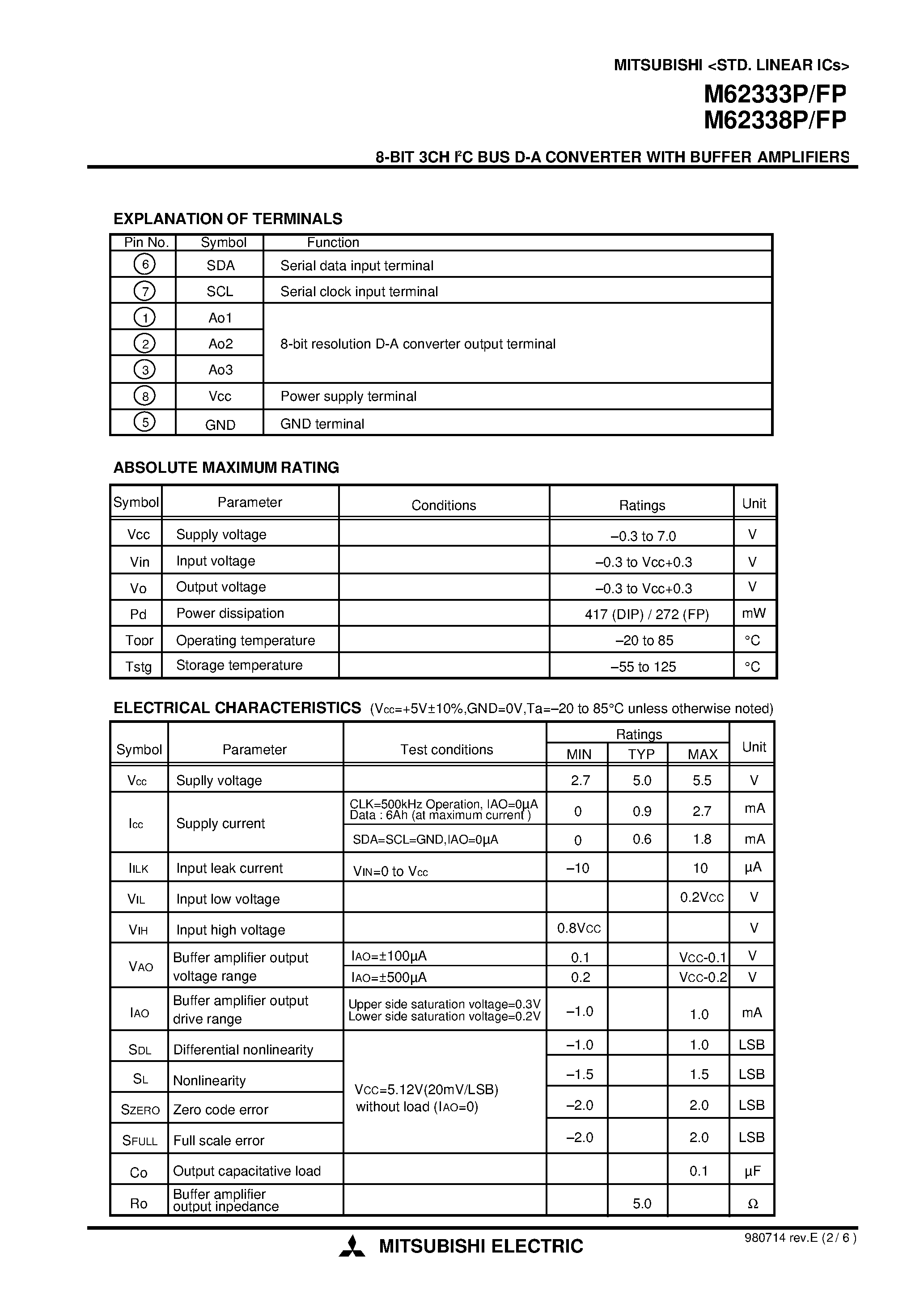 Даташит M62333FP - 8-BIT 3CH I2C BUS D-A CONVERTER WITH BUFFER AMPLIFIERS страница 2