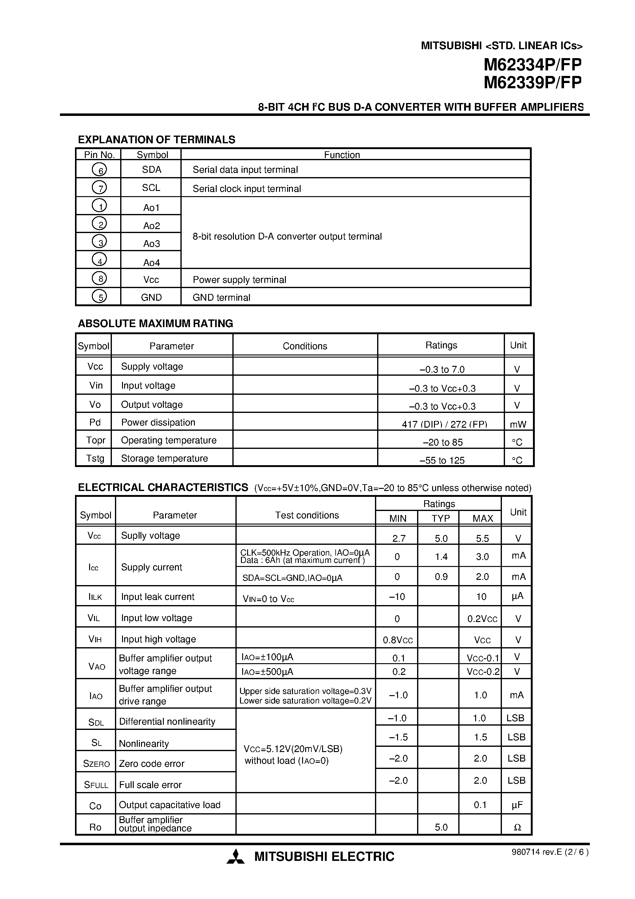 Даташит M62334FP - 8-BIT 4CH I2C BUS D-A CONVERTER WITH BUFFER AMPLIFIERS страница 2