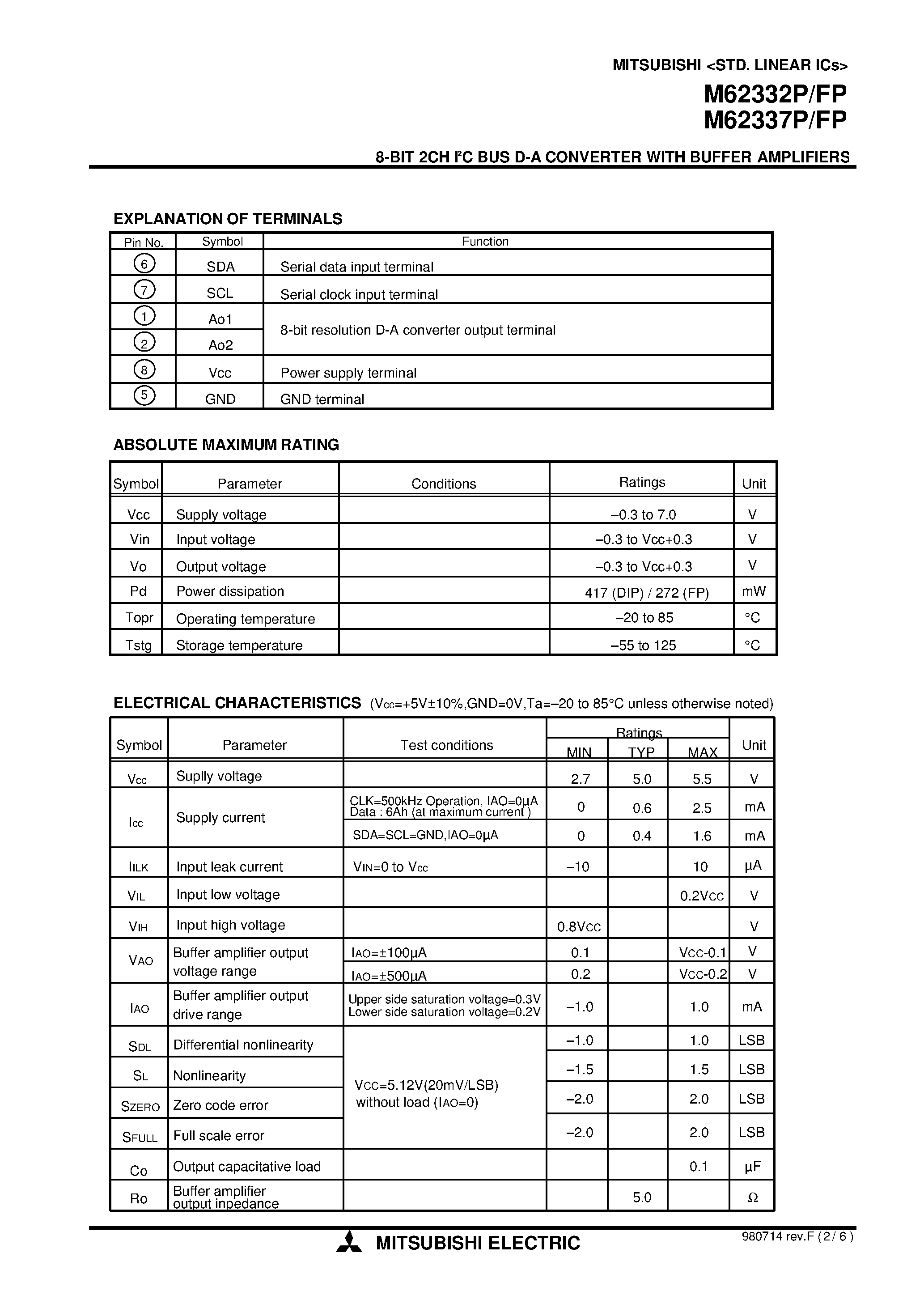 Даташит M62337FP - 8-BIT 2CH I2C BUS D-A CONVERTER WITH BUFFER AMPLIFIERS страница 2