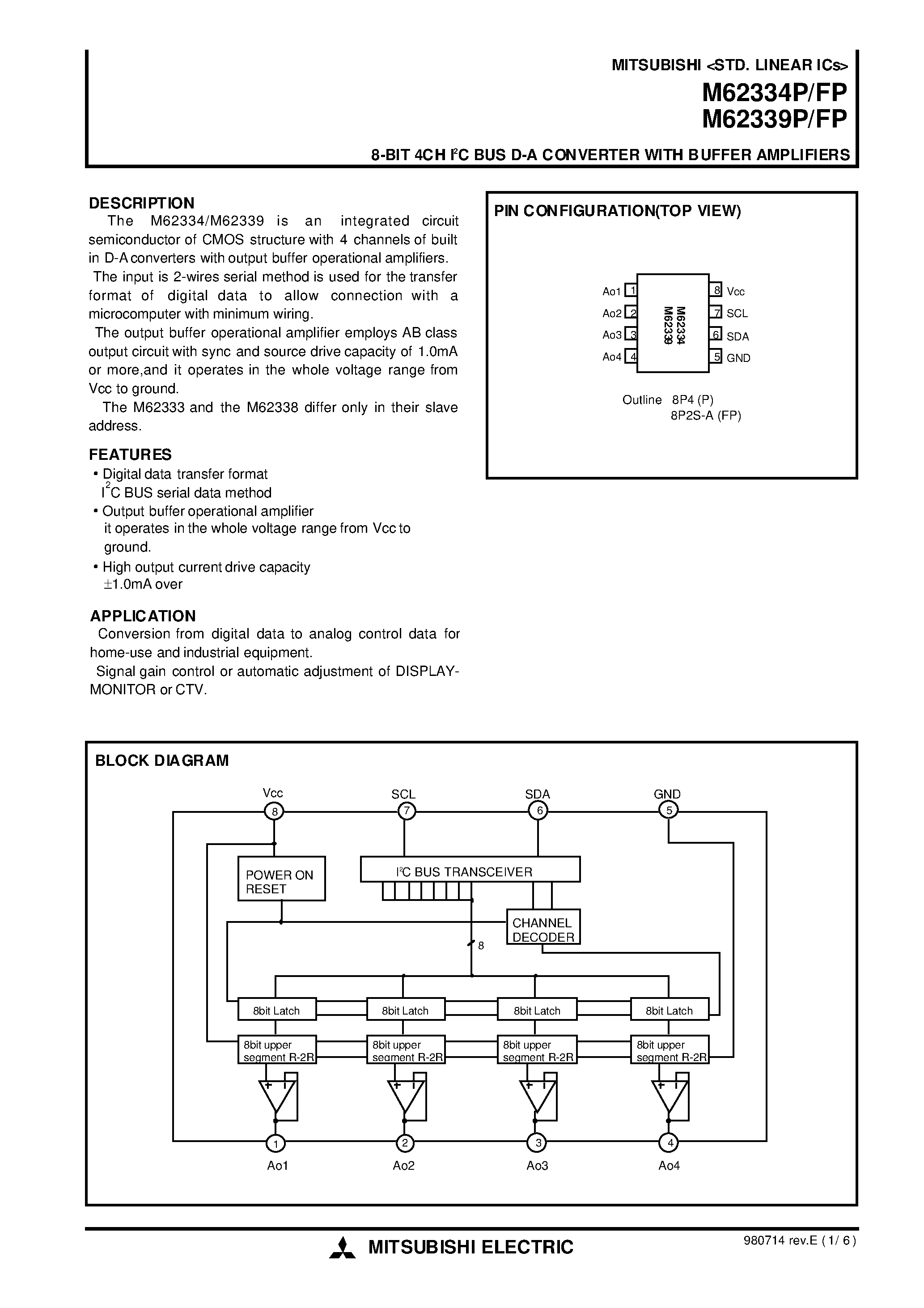 Даташит M62339P - 8-BIT 4CH I2C BUS D-A CONVERTER WITH BUFFER AMPLIFIERS страница 1