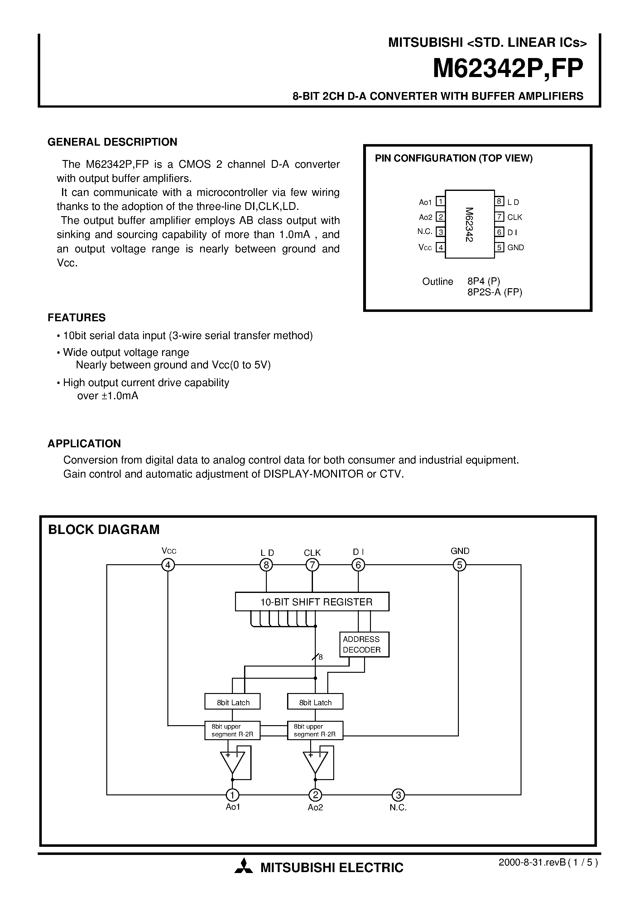 Даташит M62342FP - 8-BIT 2CH D-A CONVERTER WITH BUFFER AMPLIFIERS страница 1