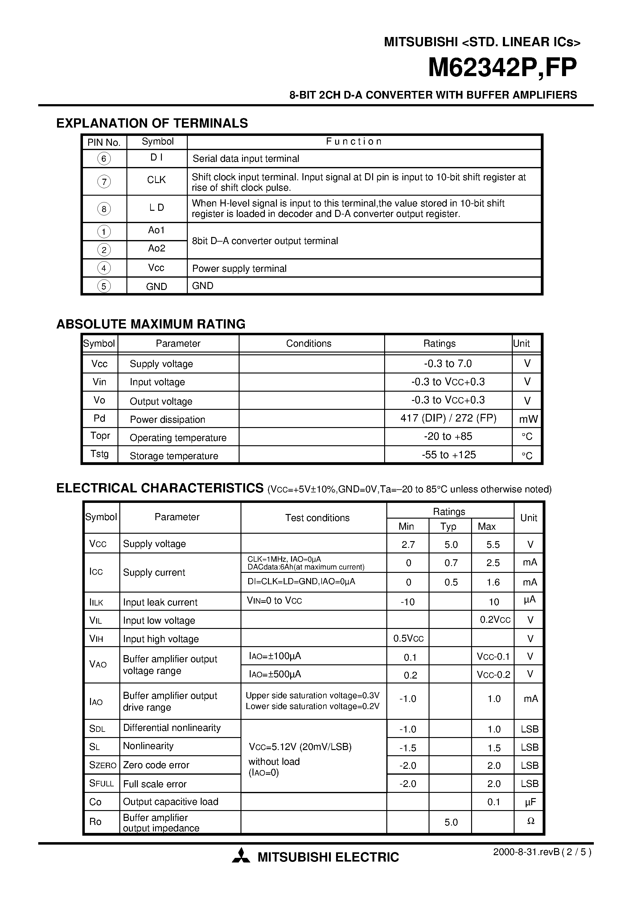 Даташит M62342P - 8-BIT 2CH D-A CONVERTER WITH BUFFER AMPLIFIERS страница 2