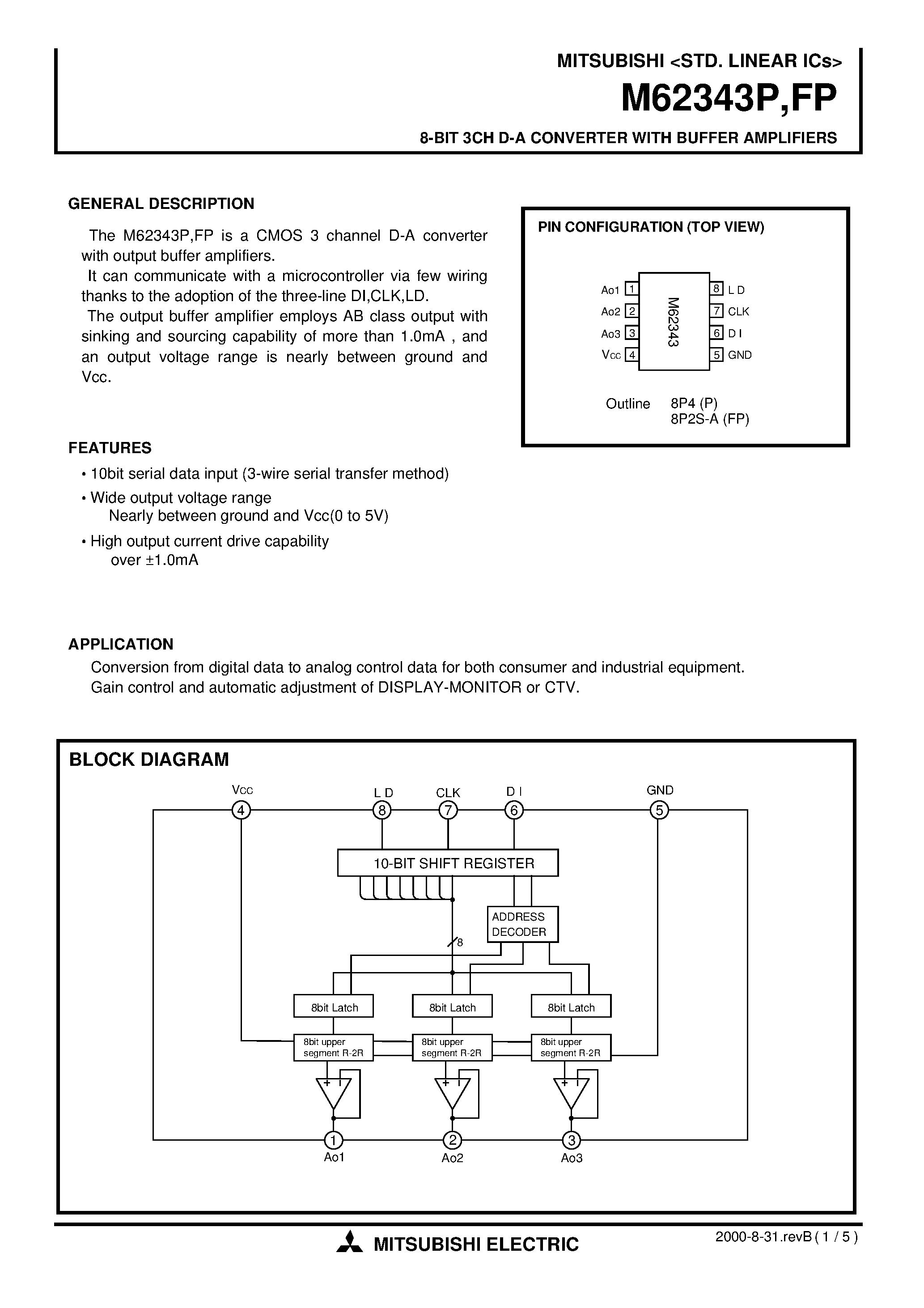 Даташит M62343P - 8-BIT 3CH D-A CONVERTER WITH BUFFER AMPLIFIERS страница 1