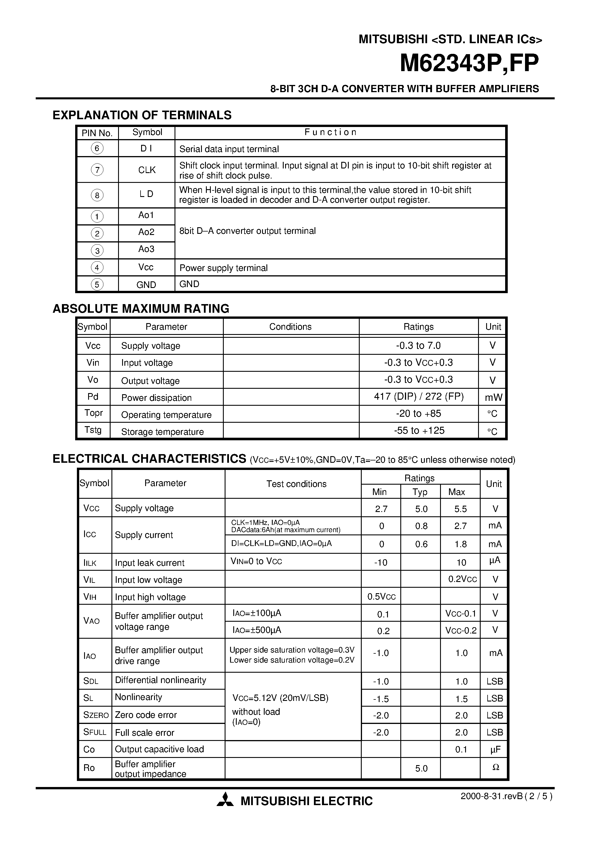 Даташит M62343P - 8-BIT 3CH D-A CONVERTER WITH BUFFER AMPLIFIERS страница 2