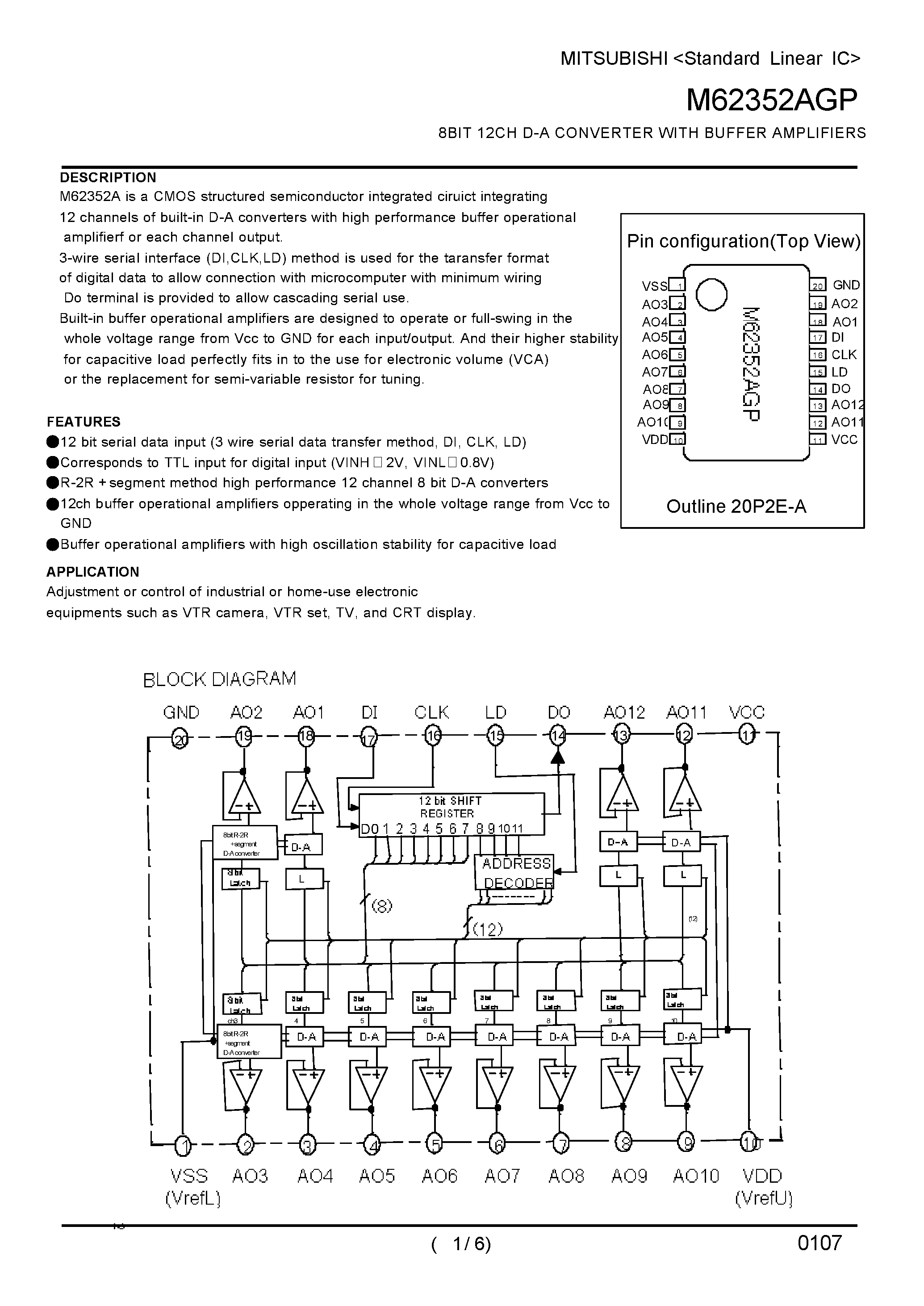 Даташит M62352AGP - 8BIT 12CH D-A CONVERTER WITH BUFFER AMPLIFIERS страница 1