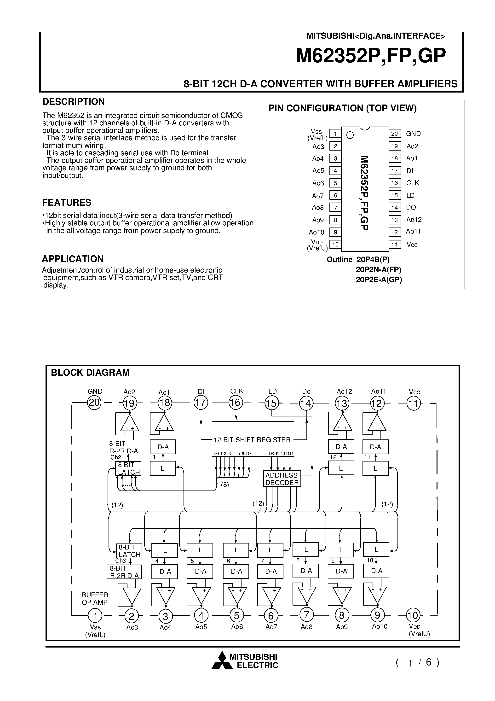 Даташит M62352P - 8-BIT 12CH D-A CONVERTER WITH BUFFER AMPLIFIERS страница 1