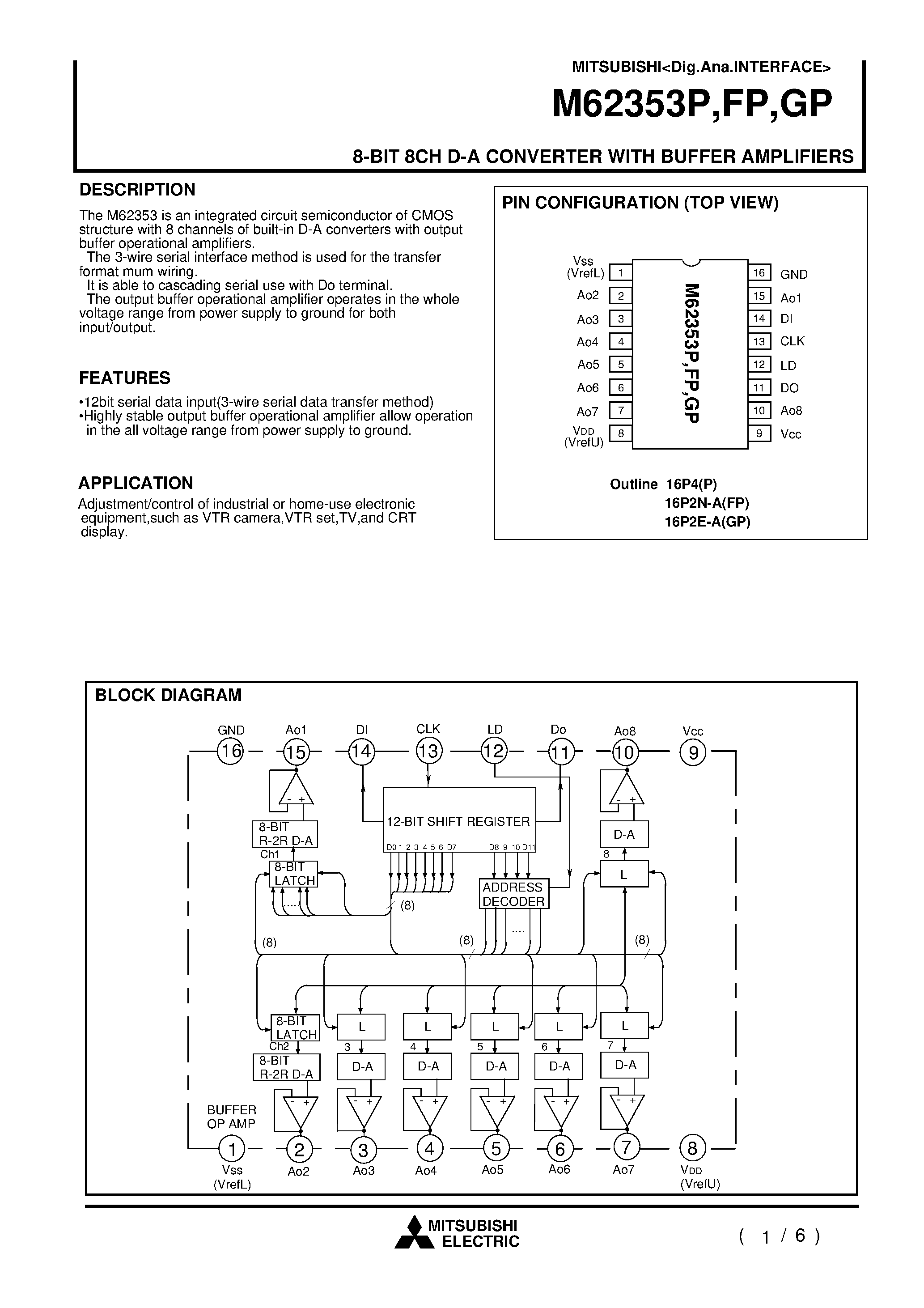 Даташит M62353P - 8-BIT 8CH D-A CONVERTER WITH BUFFER AMPLIFIERS страница 1