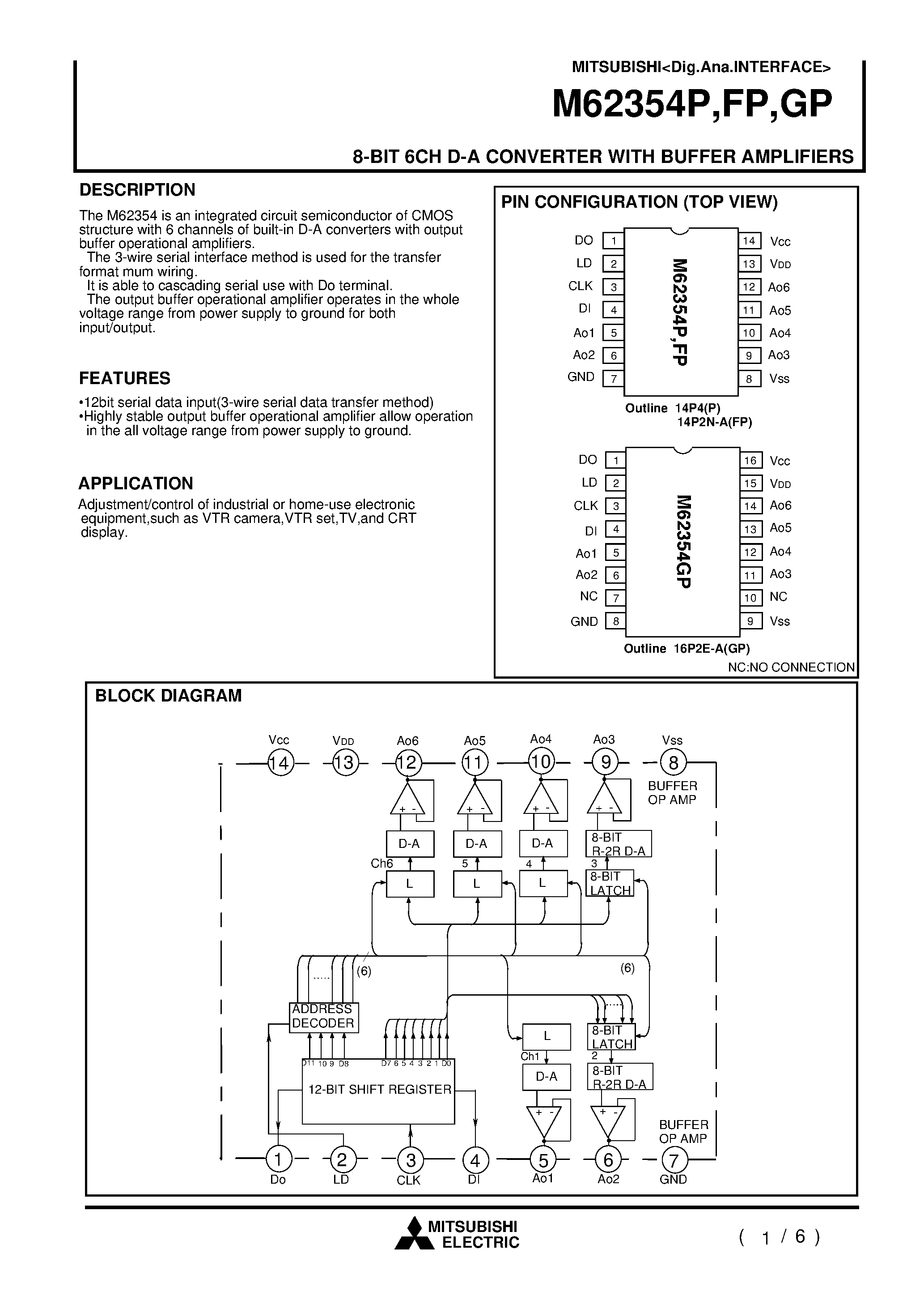 Даташит на микросхему M62354FP страница 1 Даташит M62354FP - 8-BIT 6CH D-A CONVERTER WITH BUFFER AMPLIFIERS страница 1
